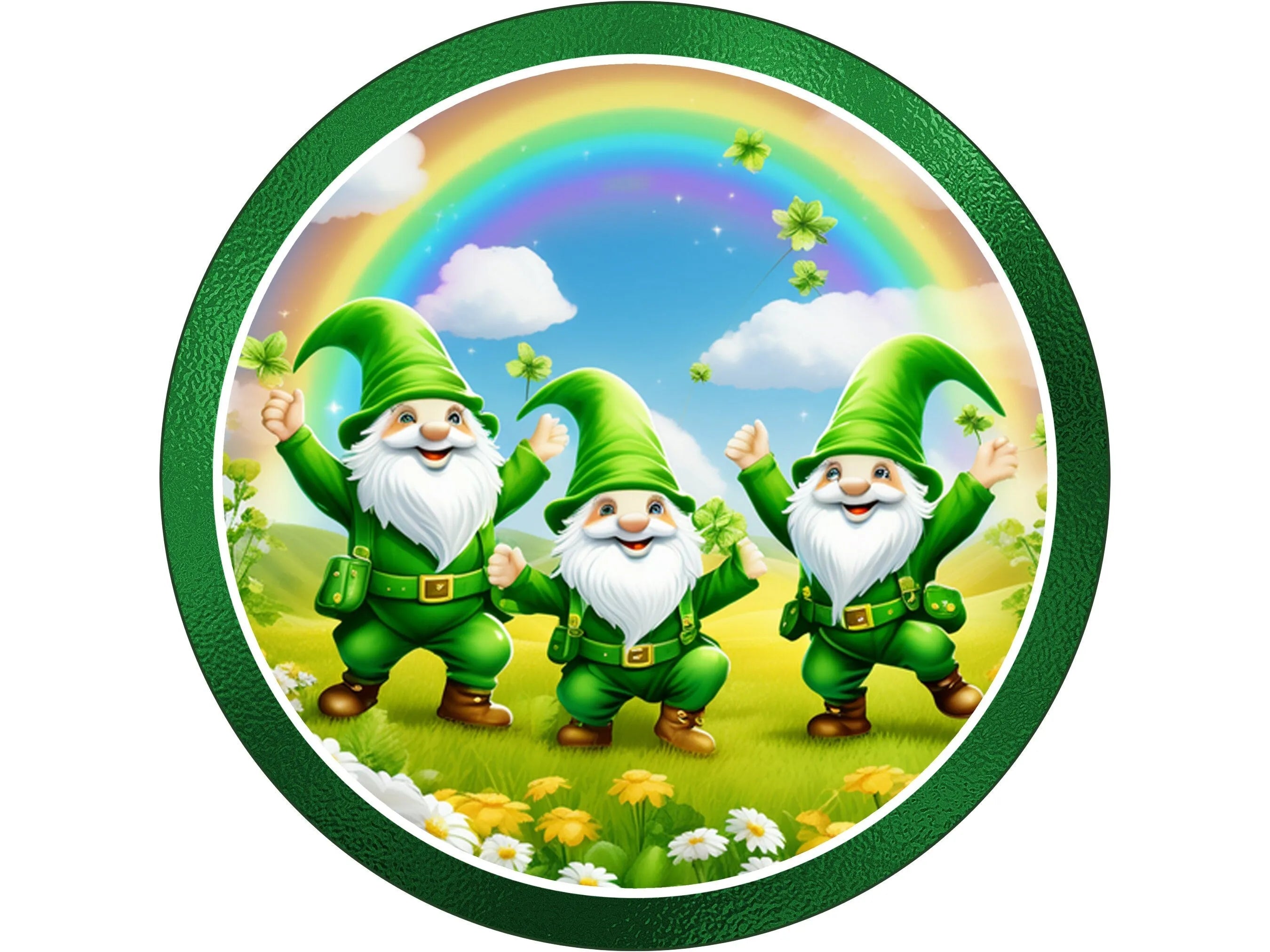 Gnomo del Día de San Patricio con margaritas y letrero de corona de arcoíris, arte de pared de día soleado de gnomo duende, letrero para marzo