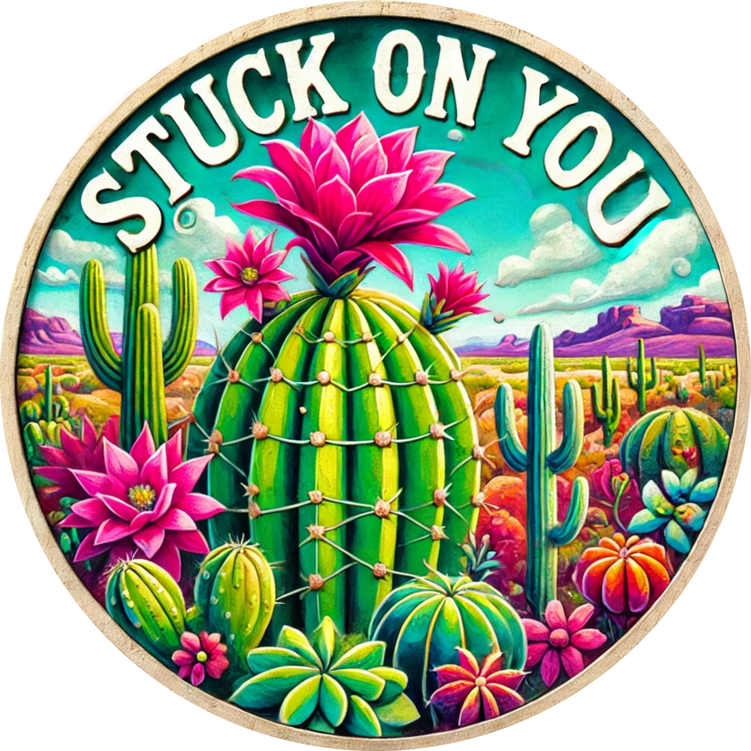 Stuck On You Cactus Sign, Desert Floral Sublimated Metal Sign, Succulent Wreath Insert, Western Summer Home Decor