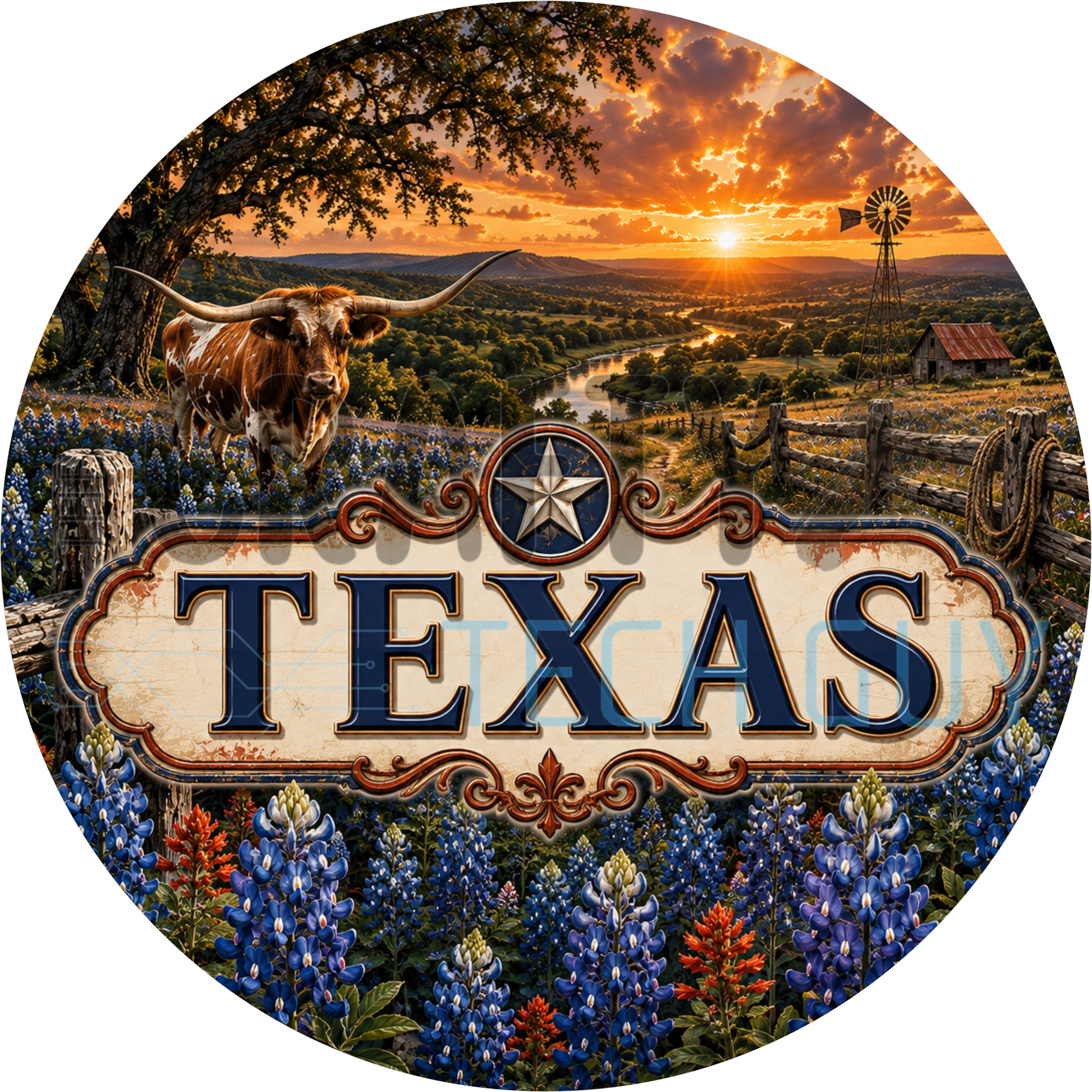Texas round wreath sign in coated aluminum, showing a longhorn in bluebonnets with a ranch gate, windmill and Lone Star