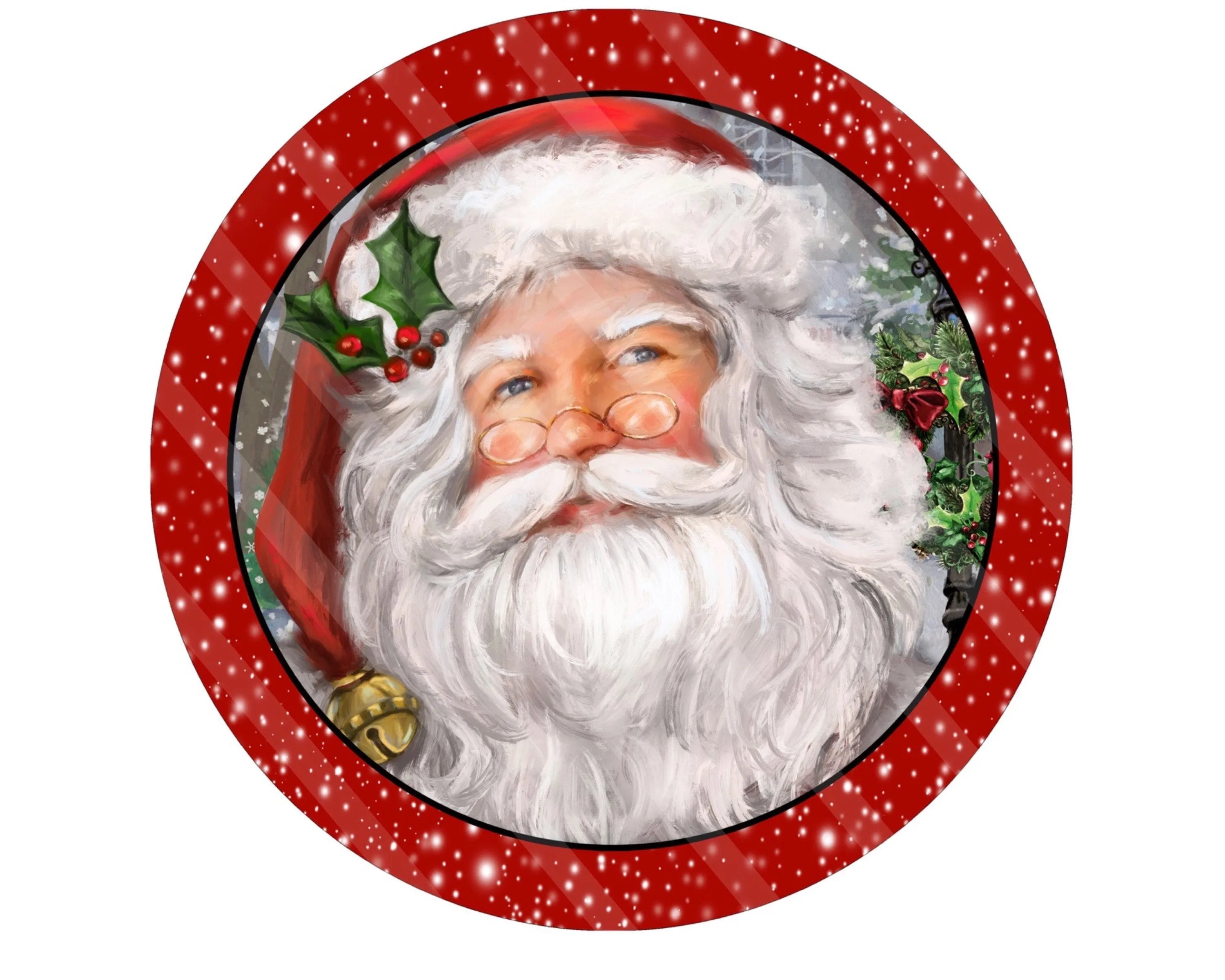 Corona navideña tradicional de Papá Noel, corona clásica de San Nicolás, arte mural realista de Papá Noel, letrero vintage de Papá Noel.