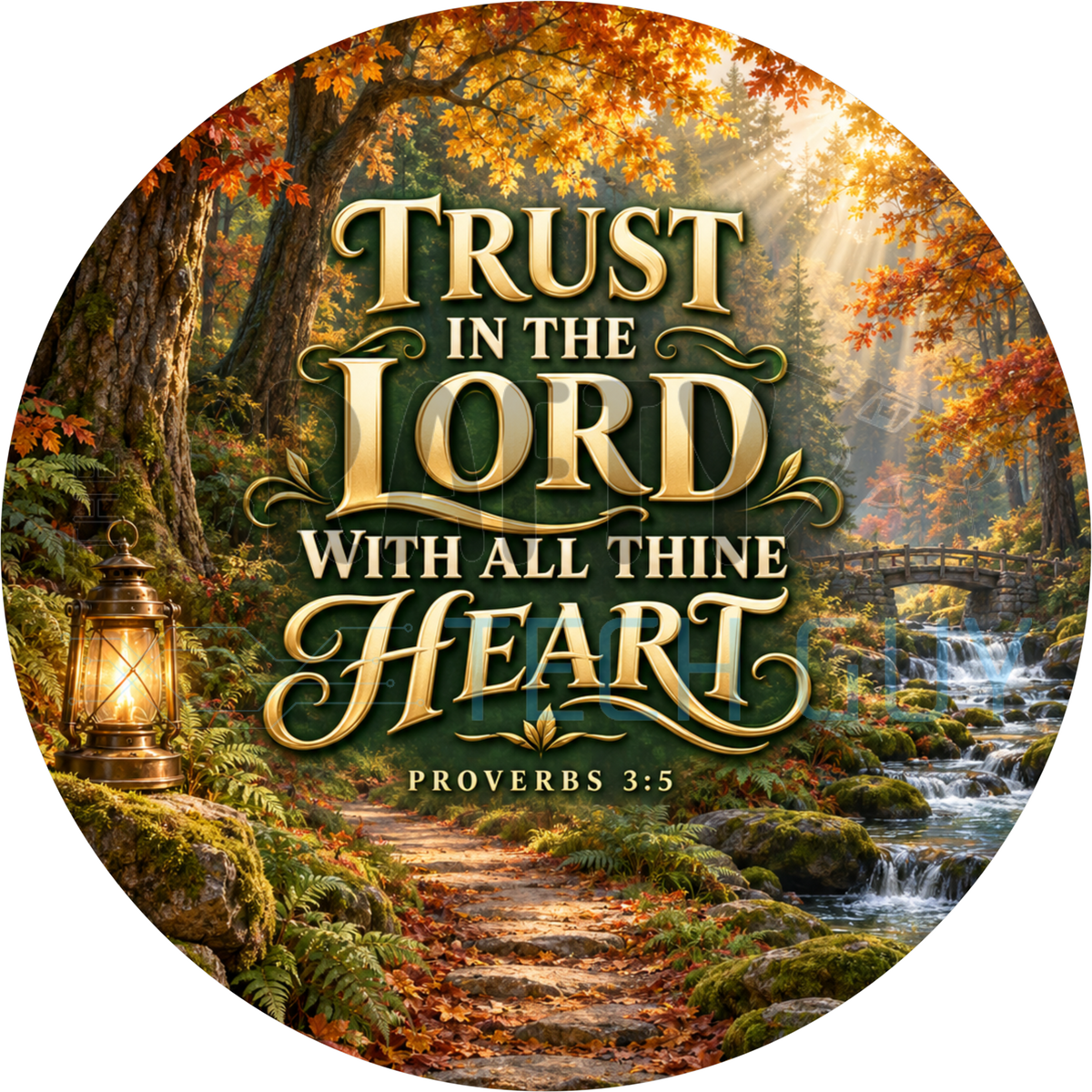 Trust In The Lord With All Thine Heart Proverbs 3:5 round wreath sign with an autumn forest path, hanging lantern and stone bridge
