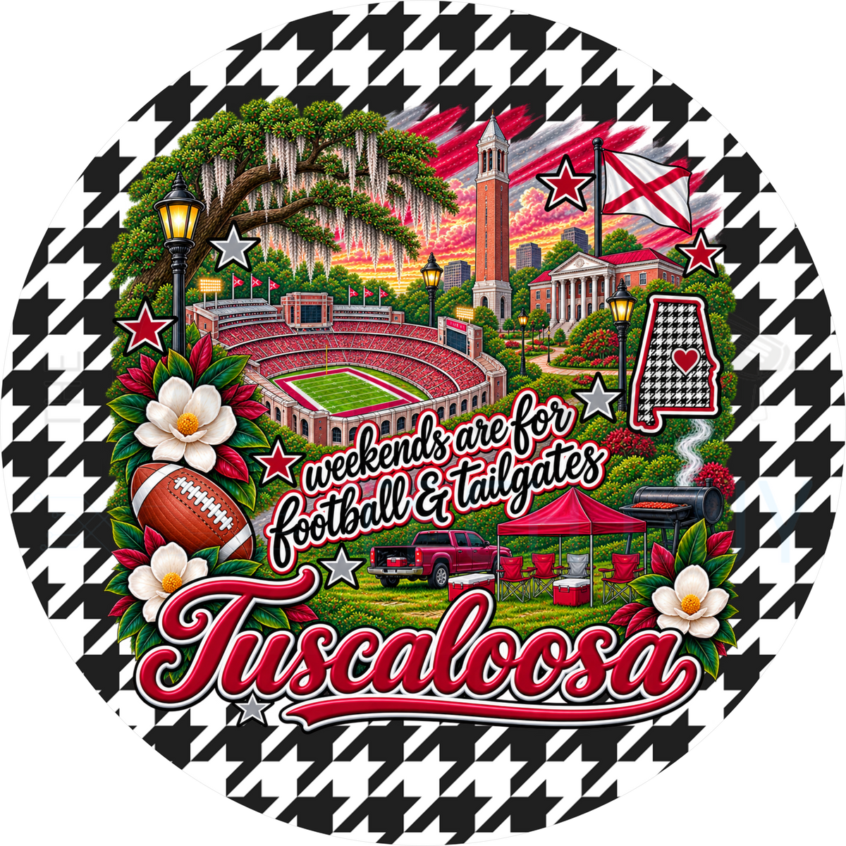 Tuscaloosa football tailgate round wreath sign with black and white houndstooth border, brick clock tower, stadium, Alabama outline and magnolias
