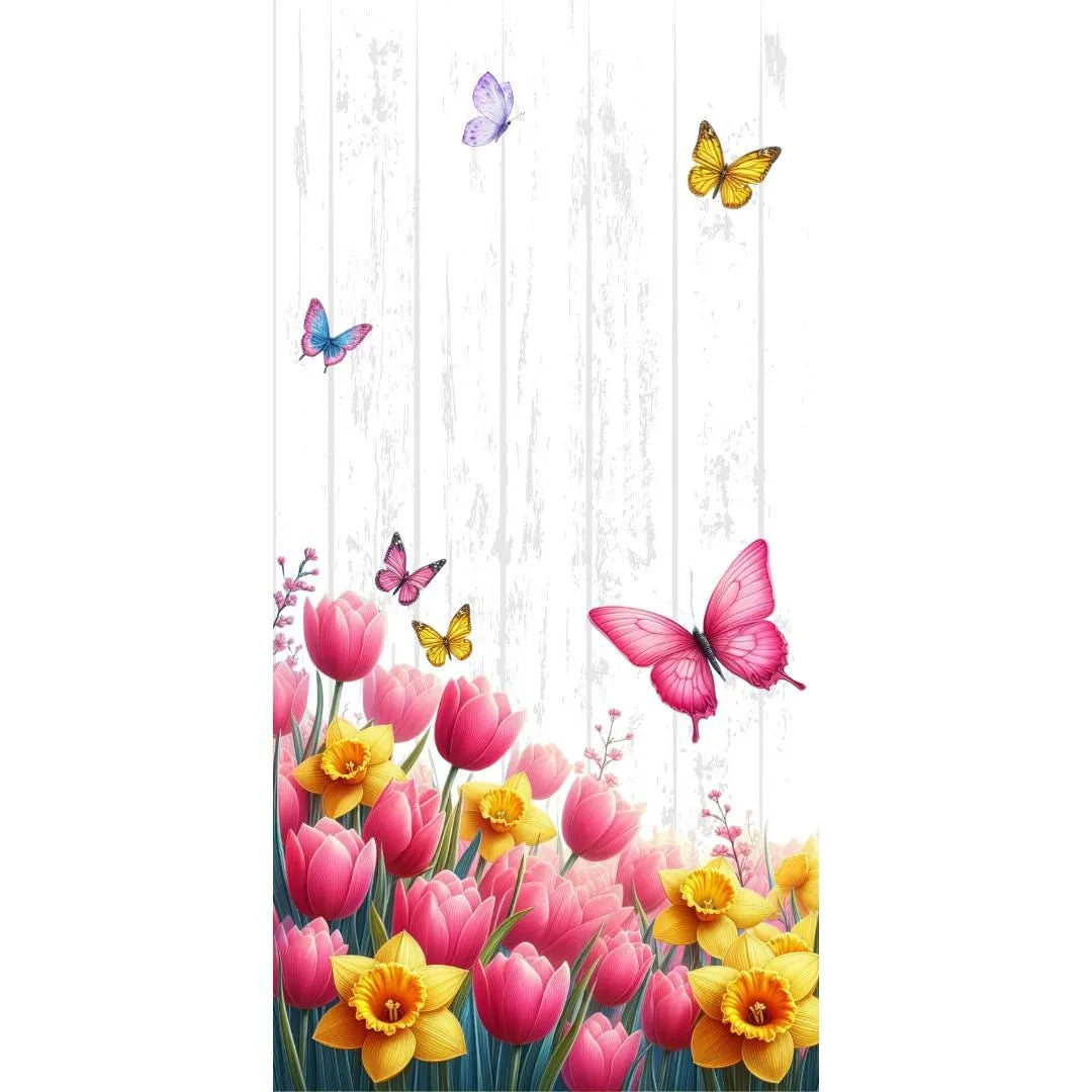 Decoración floral con traslape vertical de tulipanes, narcisos y mariposas | Arte mural primaveral brillante