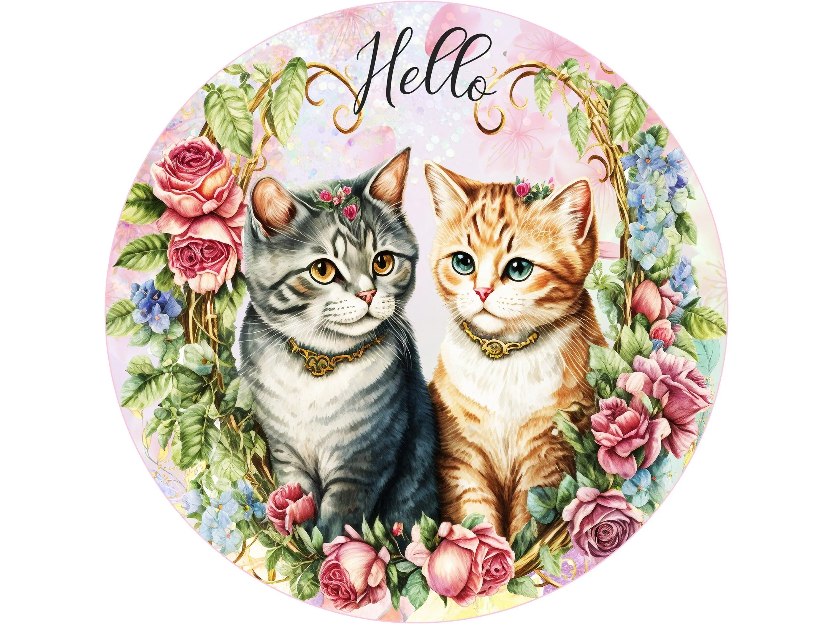 Letrero victoriano con diseño de gatitos, rosas rosadas y corona de bienvenida, arte de pared vintage con gatos y flores, letrero para amantes de los gatos, letrero para coleccionistas de gatos.