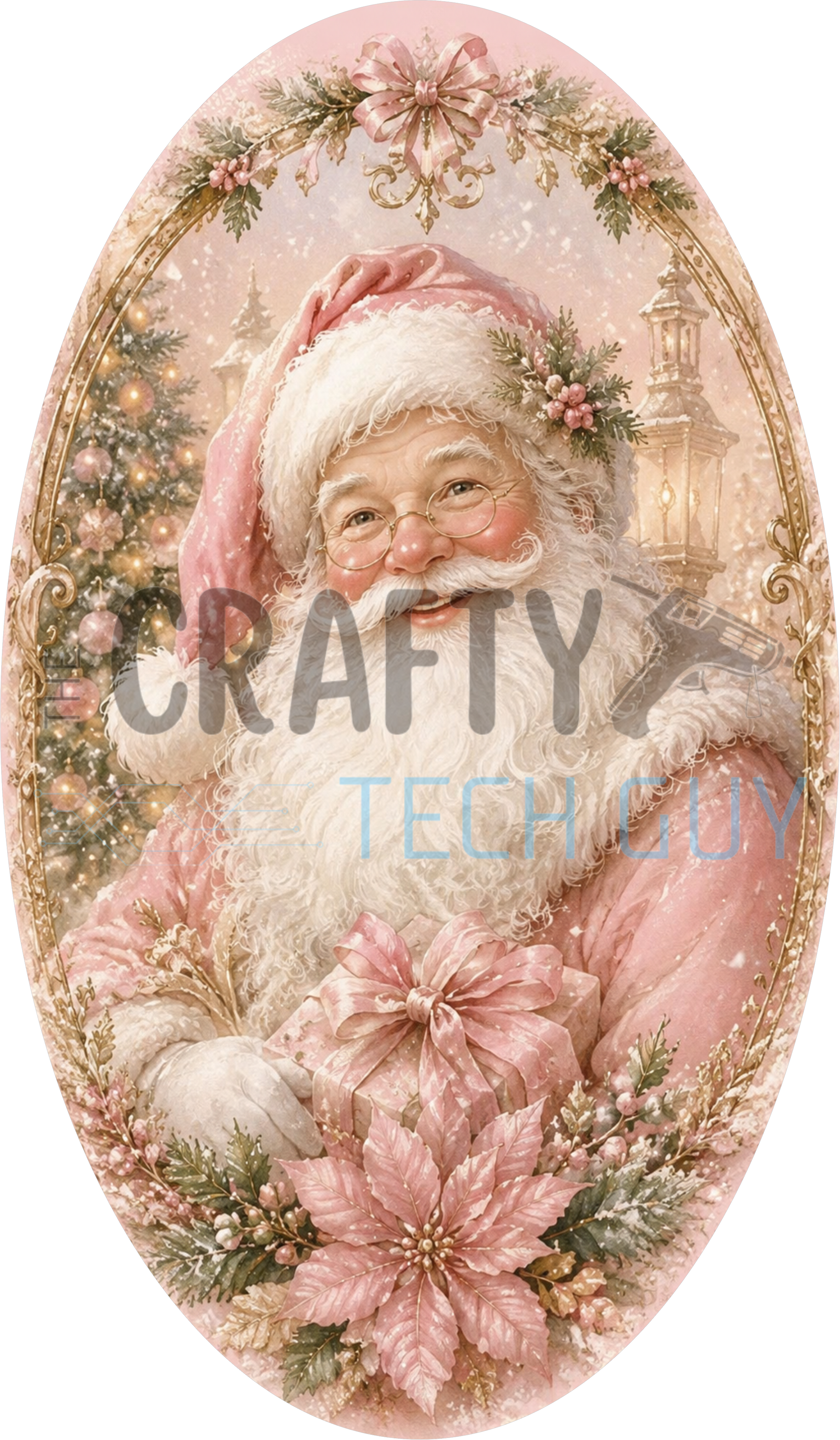 Pink oval Christmas sign with vintage Santa in a pink fur-trimmed coat holding a blush poinsettia beside a lantern and pink tree