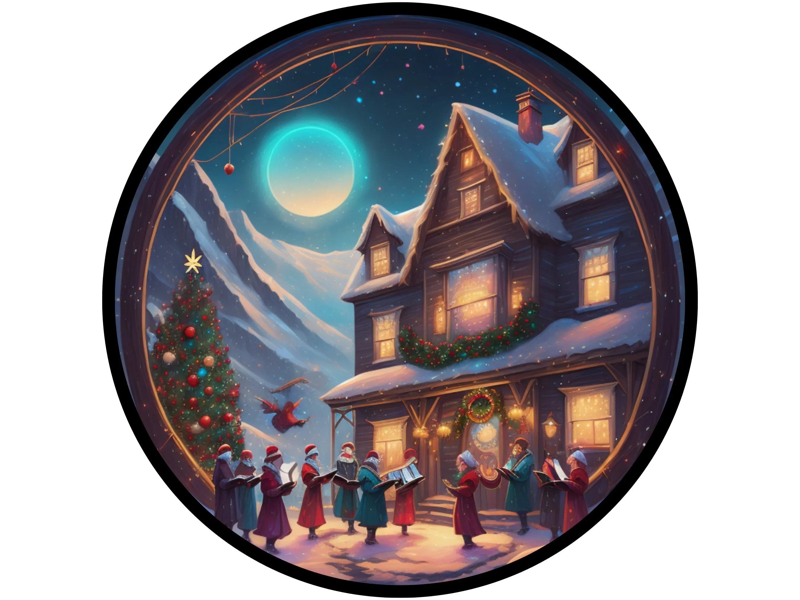 vintage antique Christmas carolers in front of house wreath sign, sign for Christmas, sign for December