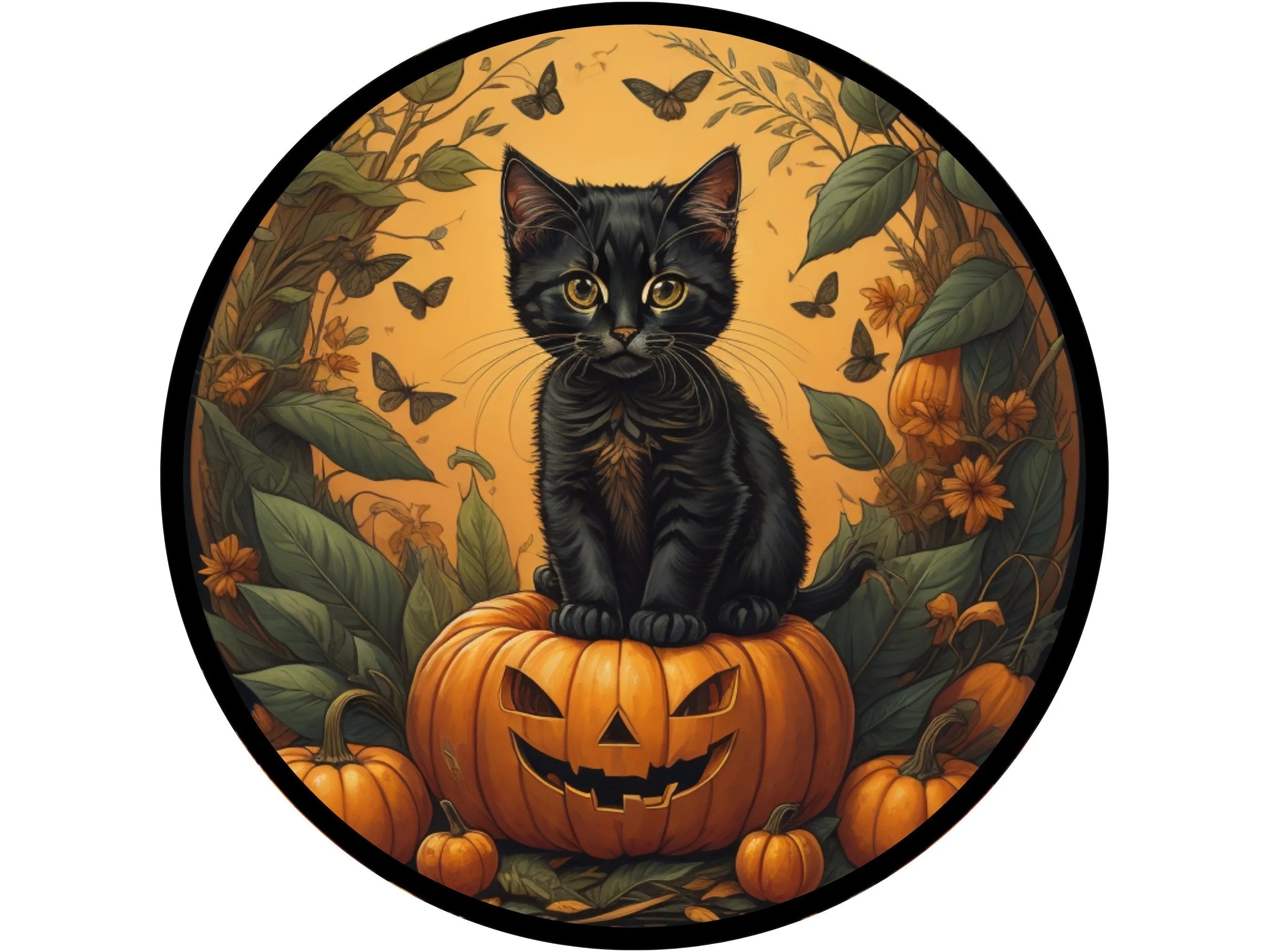 vintage black kitten sitting on a pumpkin wreath sign, sign for Halloween, sign for October