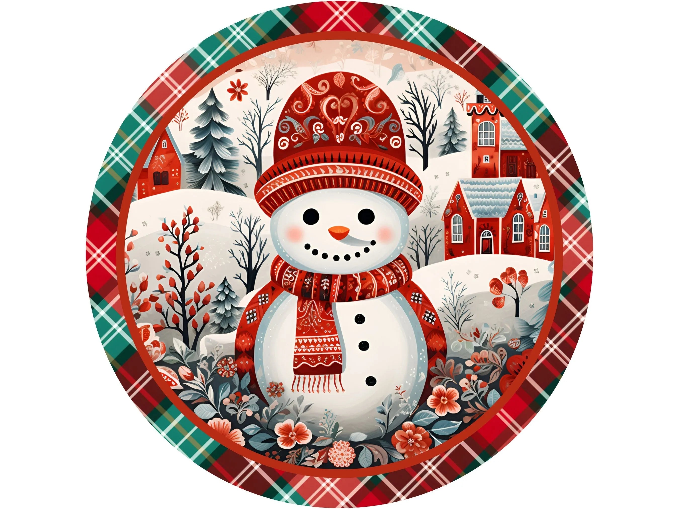 Vintage plaid floral Snowman Christmas wreath sign, Floral Snowman Wreath Attachment, sign for December, sign for Christmas, sign for Winter