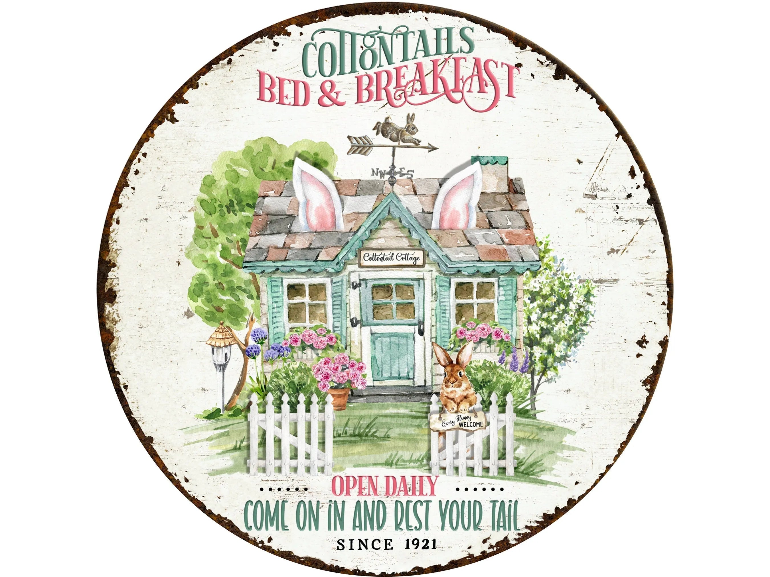 Letrero vintage rústico con corona de conejo azul, arte de pared con valla blanca de granja azul, letrero de alojamiento y desayuno