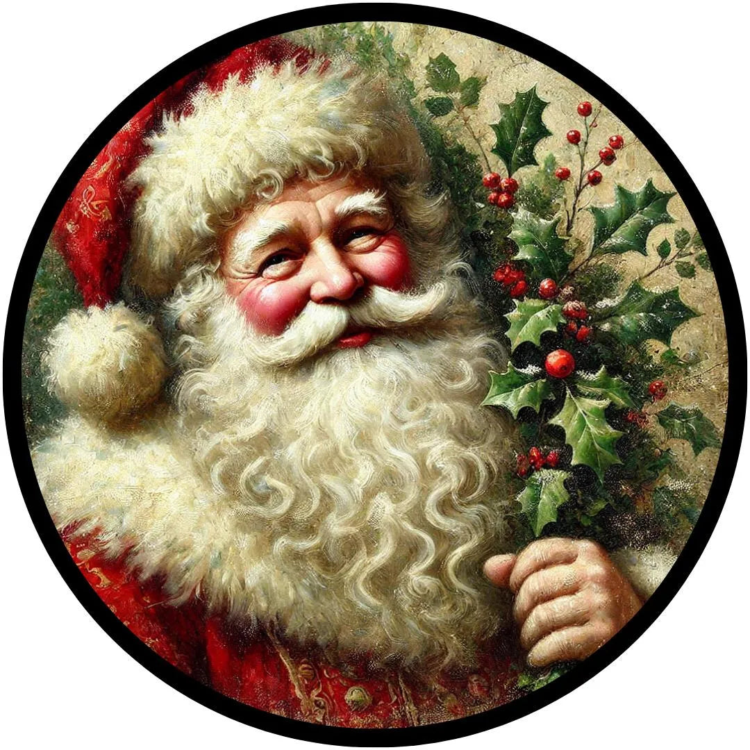 Vintage Santa Claus Holding Holly Sign | Christmas Wall Art | Old-Fashioned Santa Holiday Decor