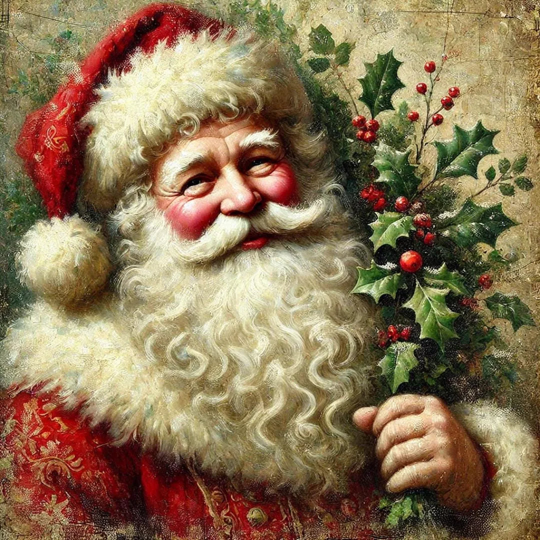 Vintage Santa Claus Holding Holly Sign | Christmas Wall Art | Old-Fashioned Santa Holiday Decor