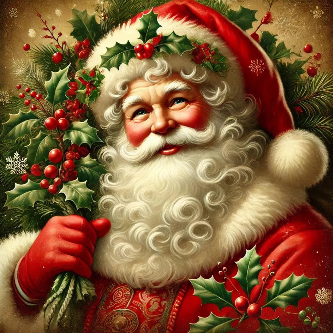 Vintage Santa Claus Holding Holly Sign | Christmas Wall Art | Old-Fashioned Santa Holiday Decor