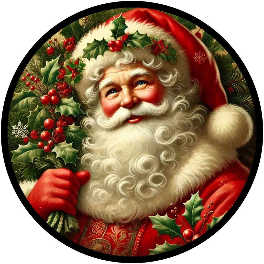 Vintage Santa Smiling Christmas Sign with Holly | Festive Holiday Wall Decor | Retro Santa Claus Art | Christmas Home Decor