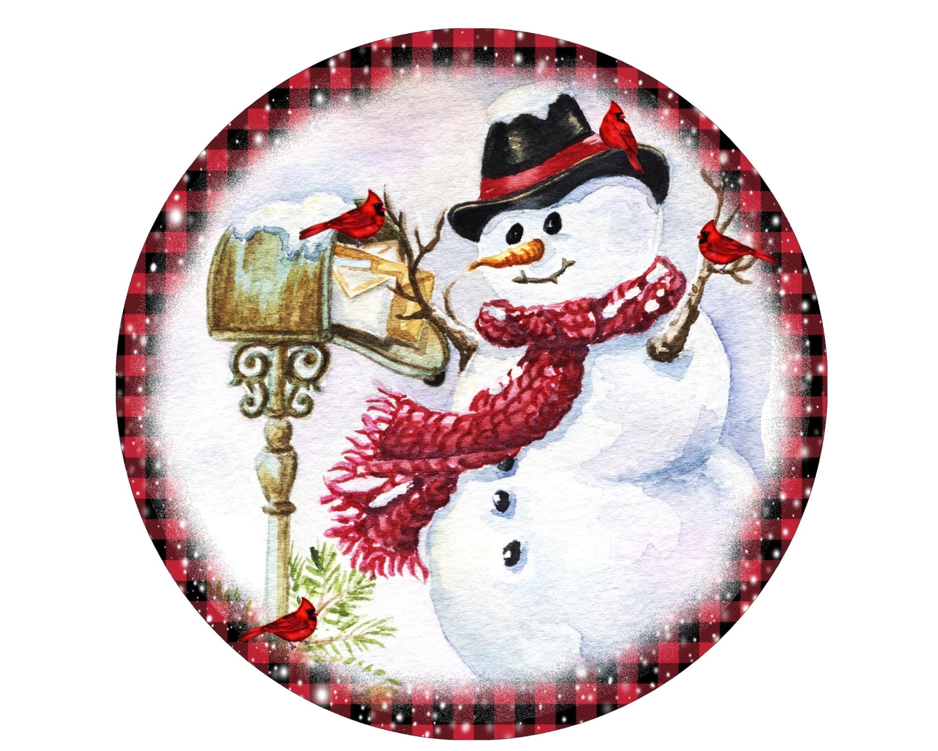 Vintage Snowman Getting Mail Christmas wreath sign, Buffalo Check Vintage Snowman Wreath Attachment, Snowman collector, Christmas Cardinal