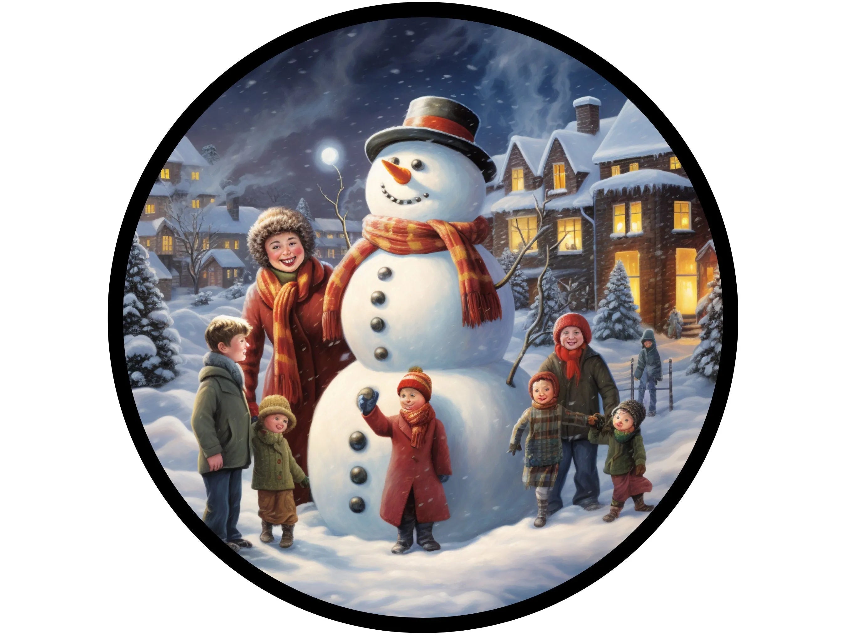 Muñeco de nieve vintage rodeado de niños, letrero de corona de invierno de Navidad, letrero para diciembre, letrero para Navidad, letrero para invierno