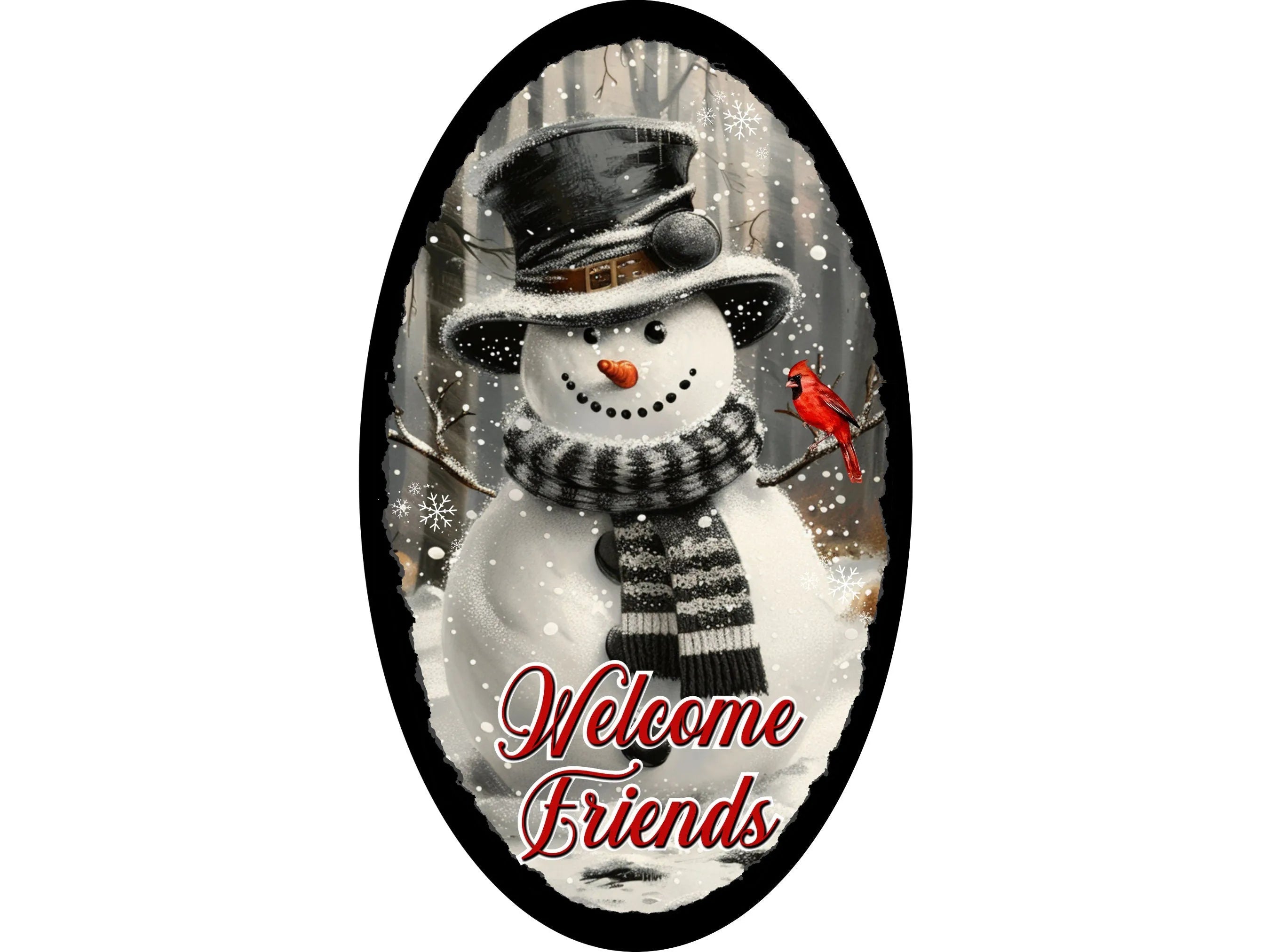 Vintage Snowman Welcome Friends Sign, Metal Winter Decor, Cardinal Snowman Oval Sign, Holiday Door Sign