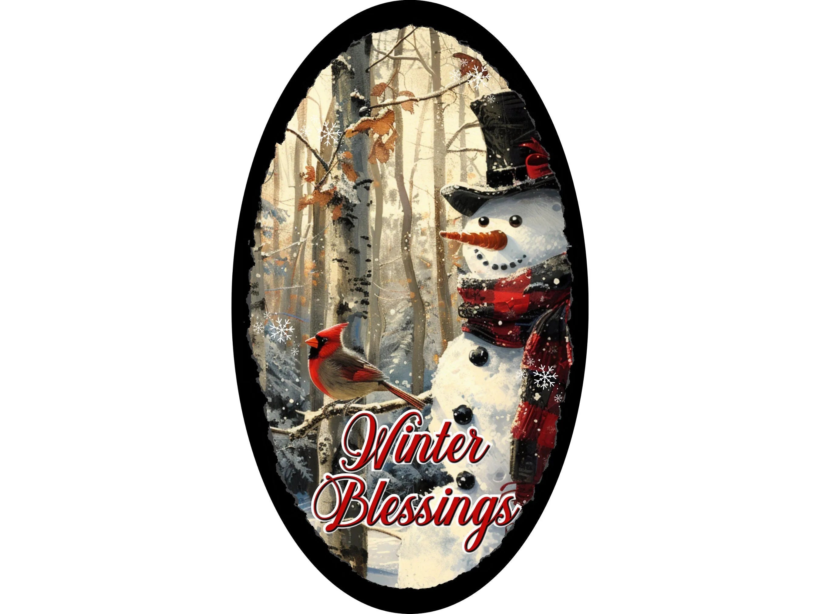 Vintage Snowman Winter Blessings Sign, Metal Winter Decor, Cardinal Snowman Oval Sign, Holiday Door Sign