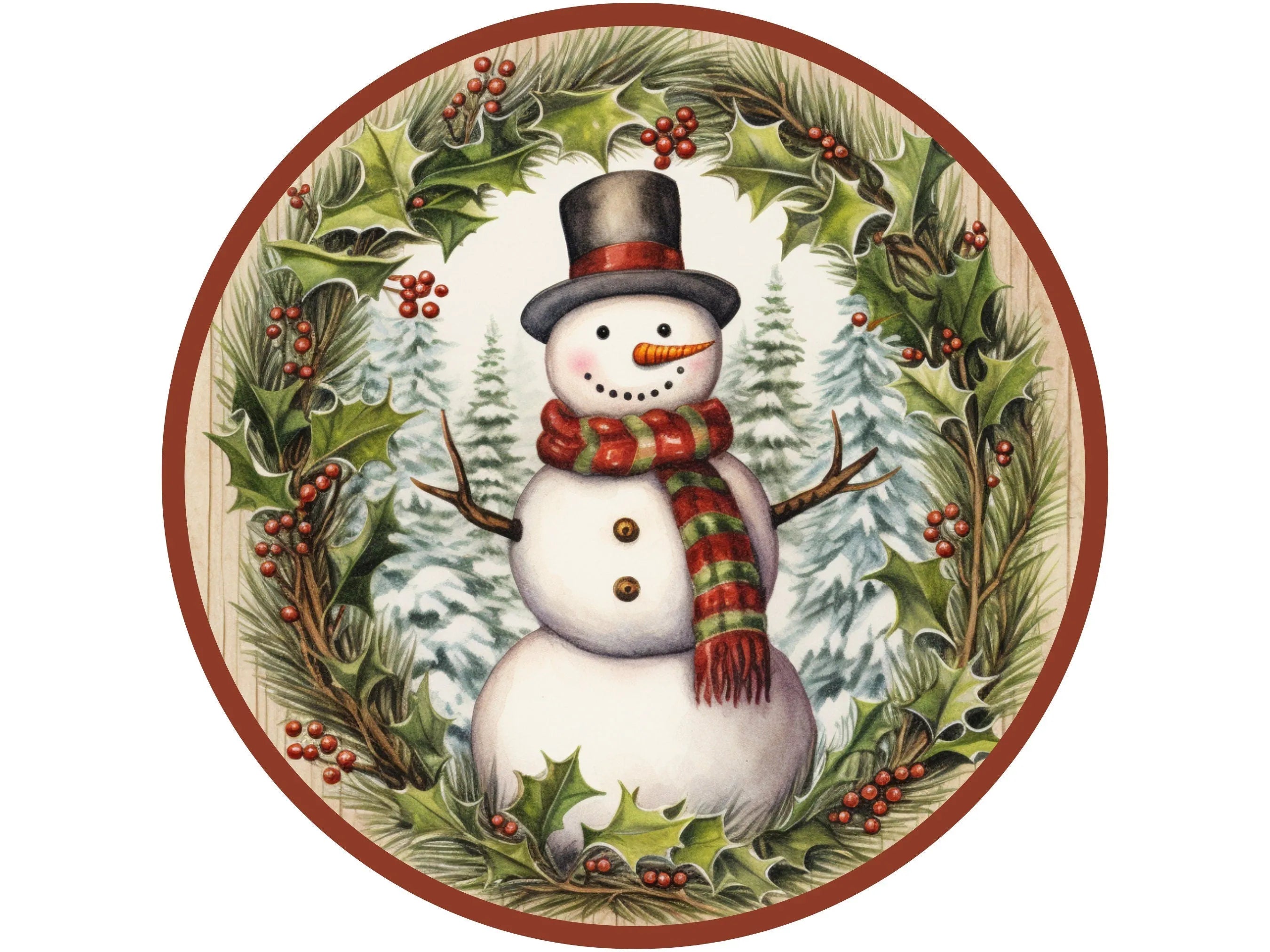 Letrero de corona navideña con muñeco de nieve vintage y sombrero de copa negro, letrero para diciembre, letrero para Navidad, letrero para invierno. Letrero de muñeco de nieve con sombrero de copa negro.