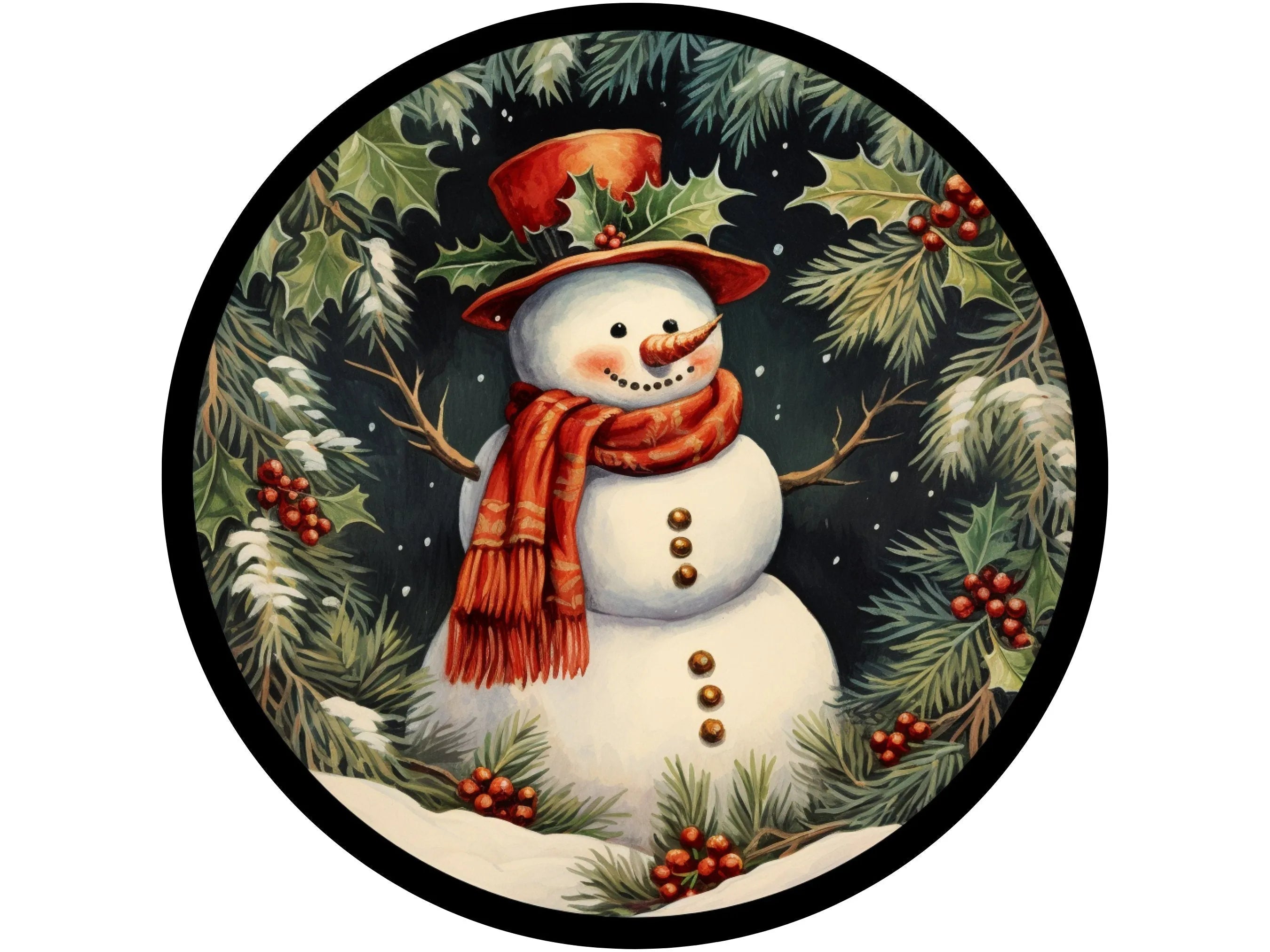 Muñeco de nieve vintage con guirnalda de acebo, letrero de corona de invierno de Navidad, letrero para diciembre, letrero para Navidad, letrero para invierno