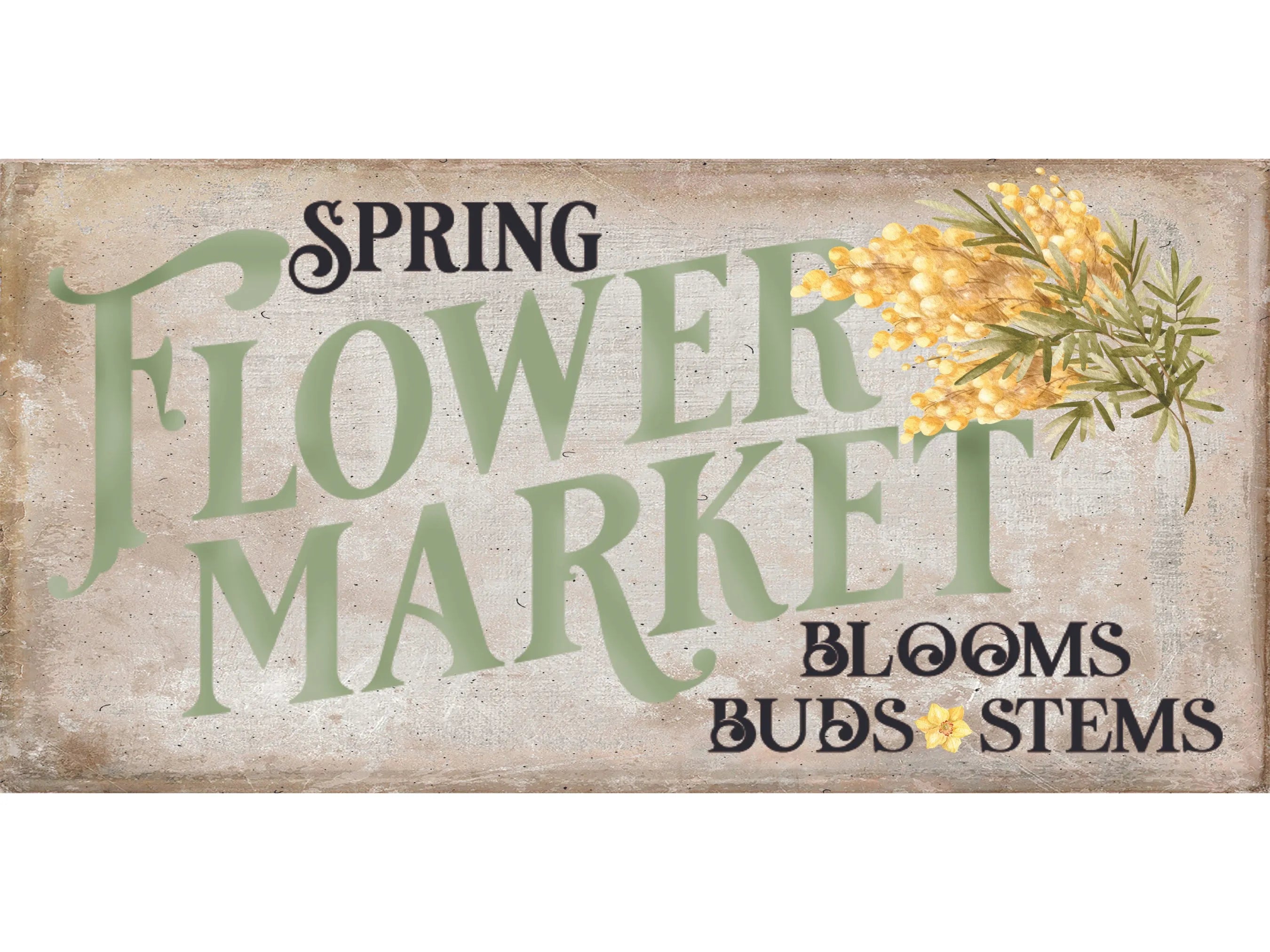 Letrero de corona con placa de matrícula de mercado de flores de primavera vintage con flores amarillas, accesorio de corona de primavera antigua estrecha, arte de pared rústico de primavera