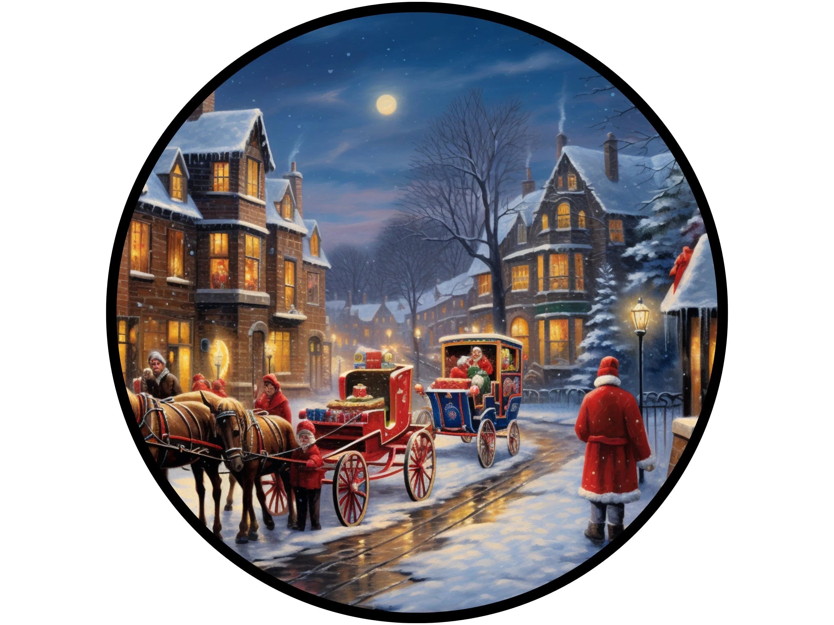 vintage town horse drawn carriage city street wreath sign, sign for December, Sign for Christmas, sign for winter