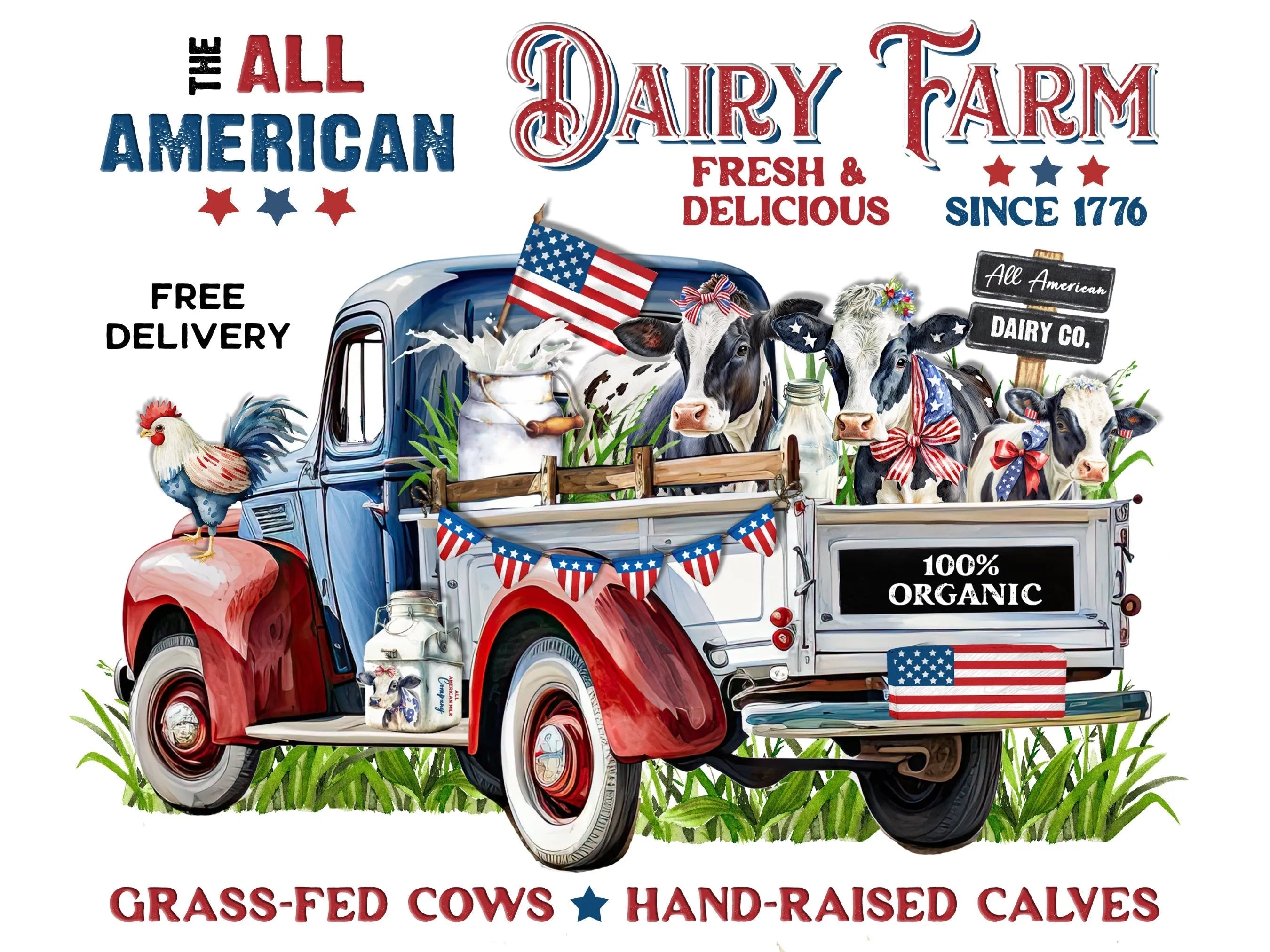 vintage truck black and white cow metal wreath sign, patriotic farmhouse wall art, USA dairy farm wreath attachment