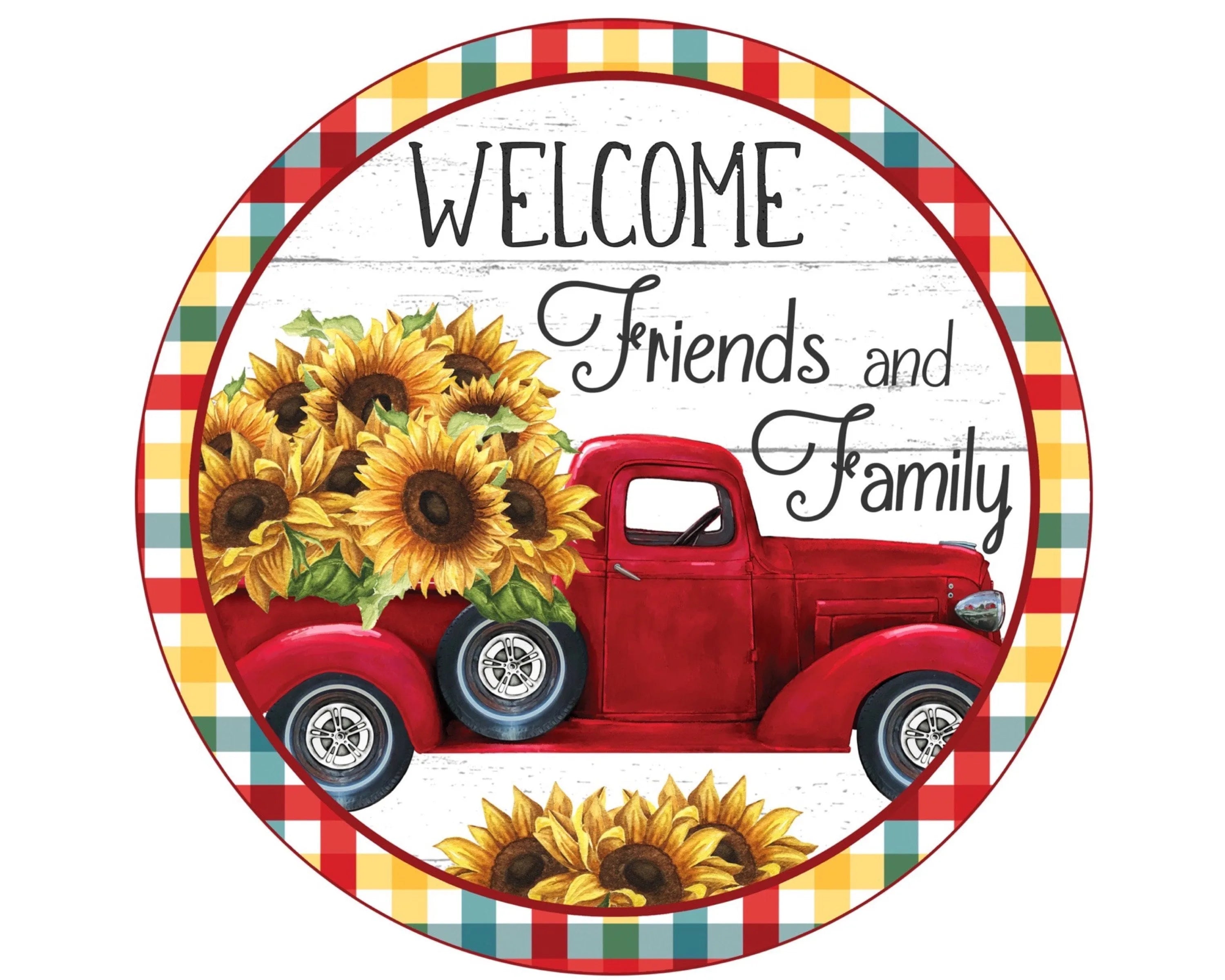 Letrero de girasol para camión vintage, decoración de camión vintage, letrero de corona de granja, decoración de cuadros escoceses, coleccionista de girasoles, letrero de bienvenida, camión rojo