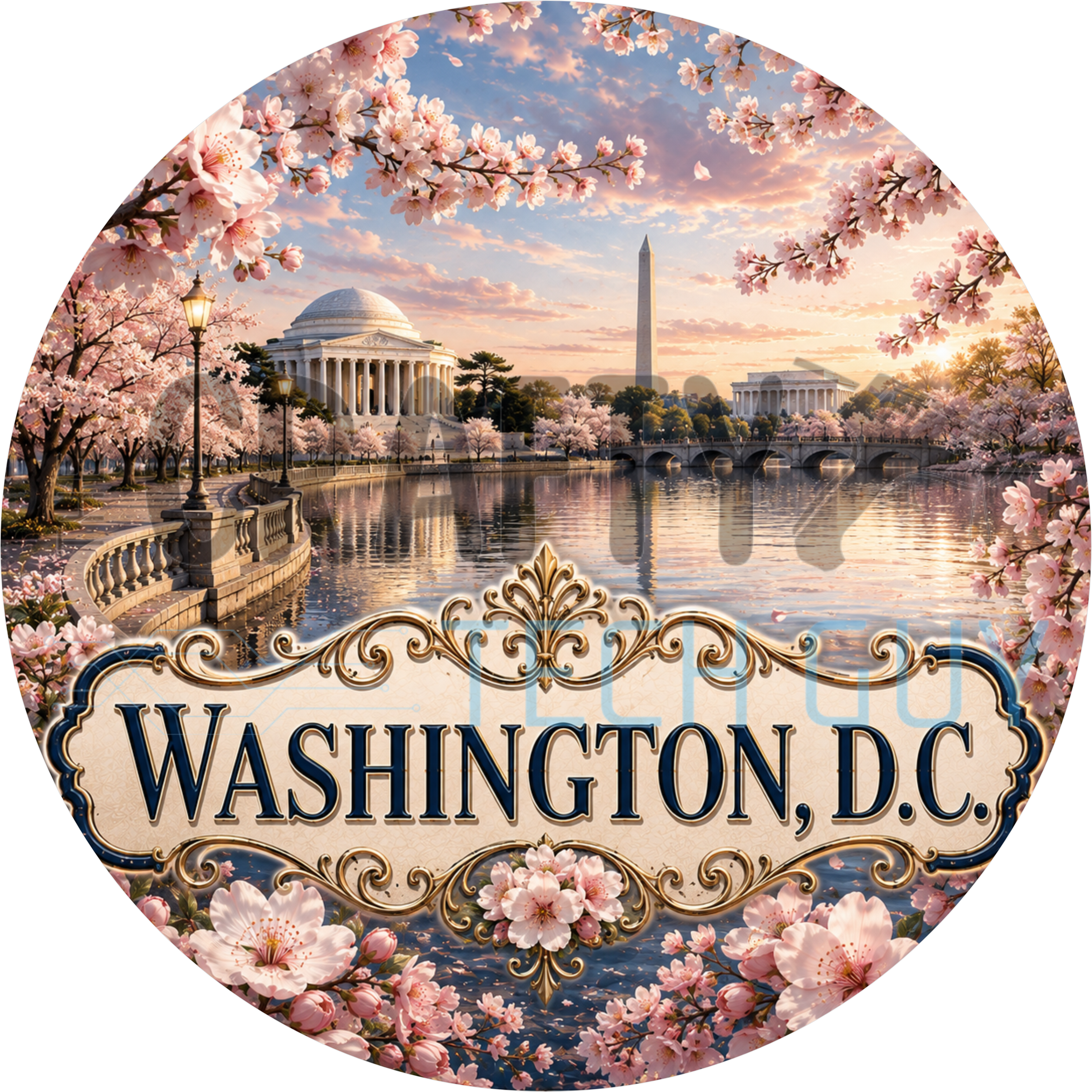 Washington DC round wreath sign in coated aluminum, showing pink cherry blossoms, the Washington Monument and the Tidal Basin
