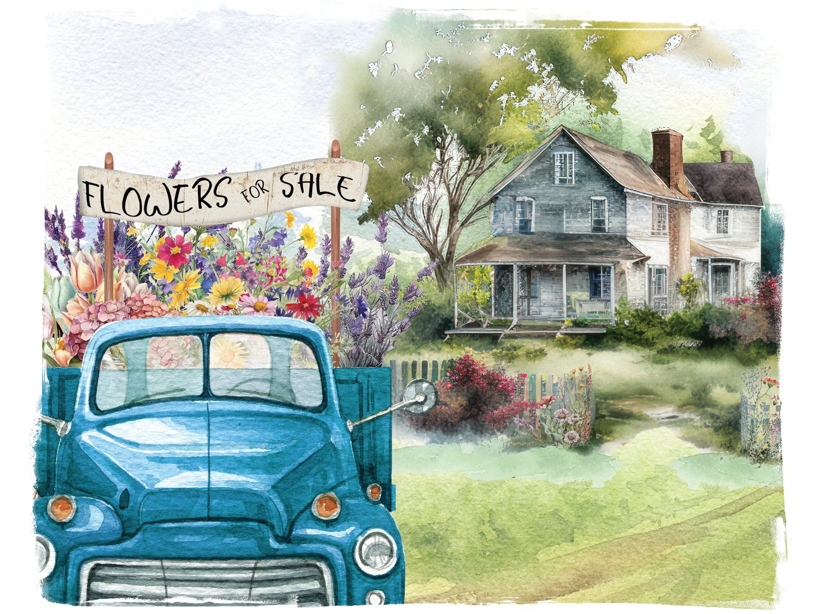 watercolor blue vintage truck with flowers metal wreath sign, farmhouse and antique truck wall art, country life sign, gift for truck lover