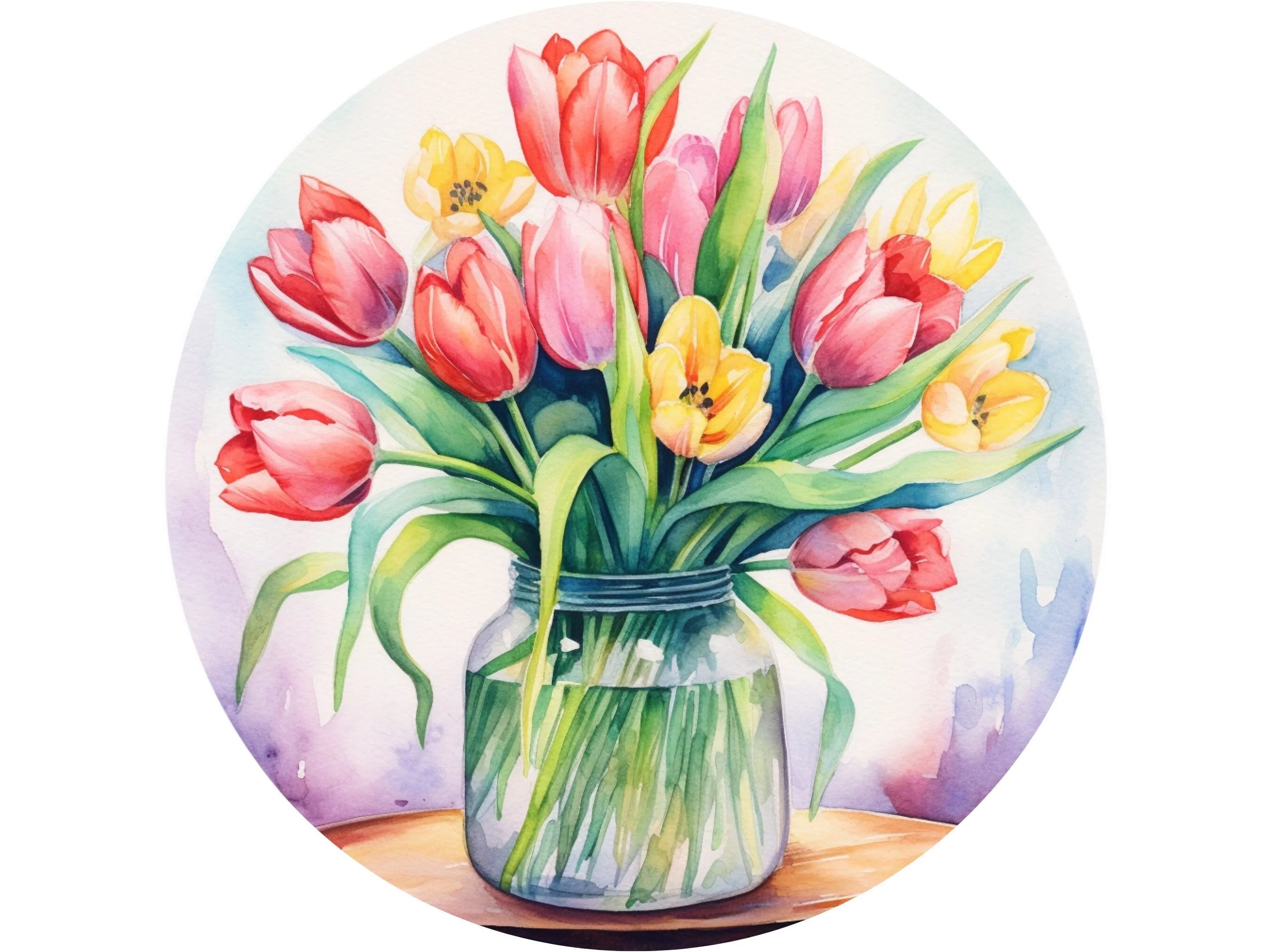 Letrero de corona con tulipanes rosas y amarillos de acuarela en frasco de vidrio, arte de pared con tulipanes de colores pastel, letrero para primavera, letrero para verano TULIP001