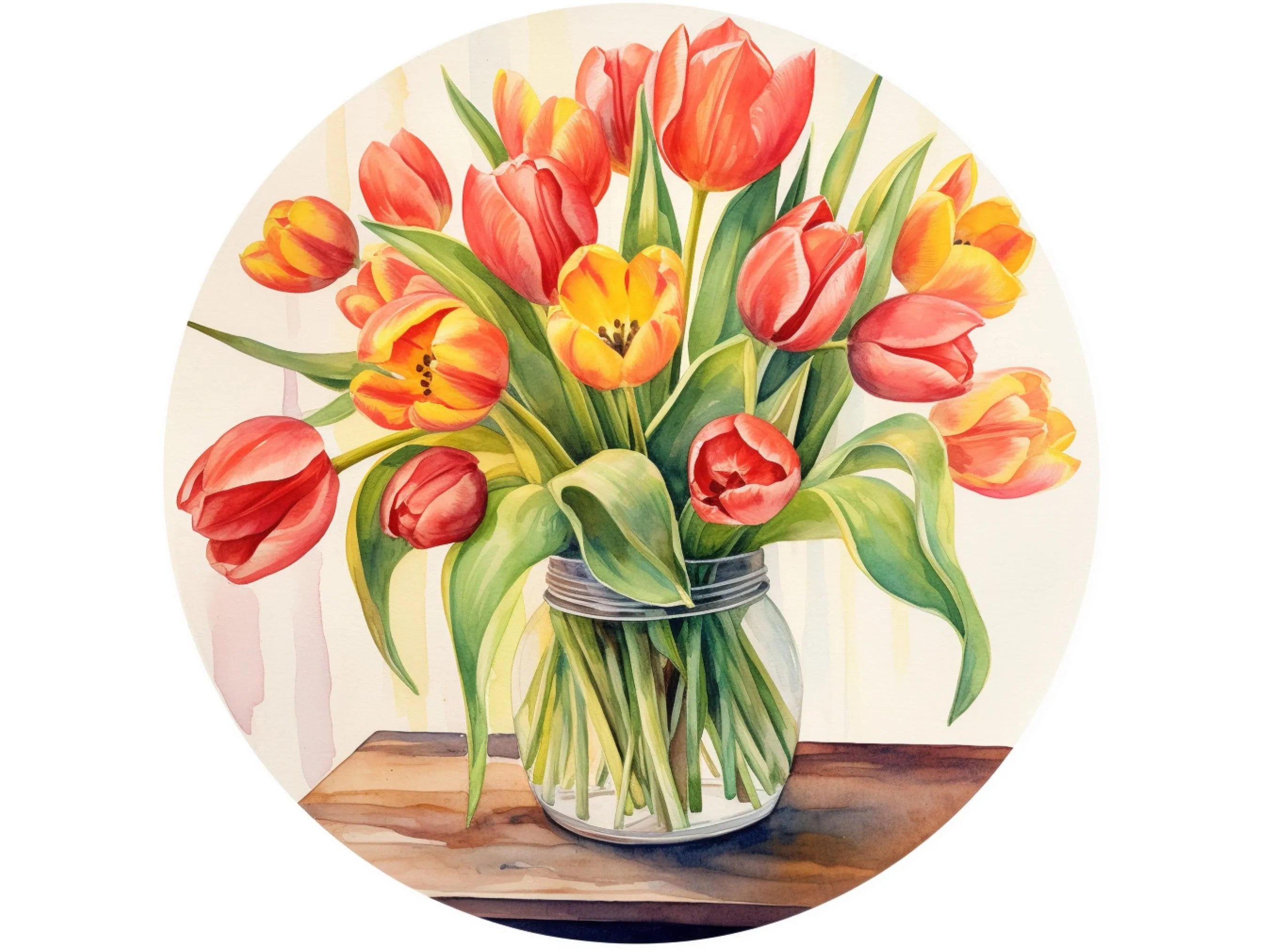 Letrero de corona con tulipanes rosas y amarillos de acuarela en frasco de vidrio, arte de pared con tulipanes de colores pastel, letrero para primavera, letrero para verano TULIP002