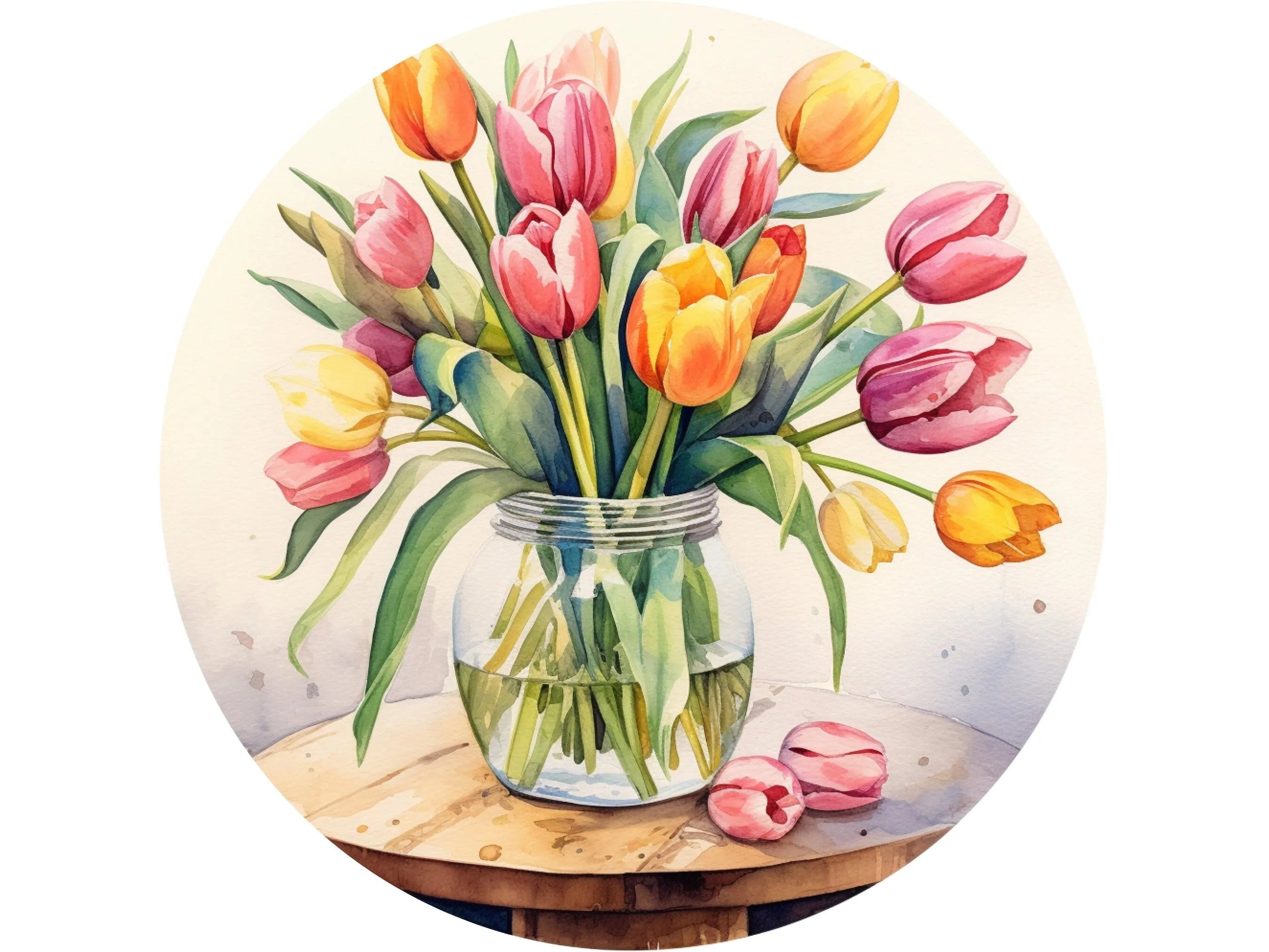 Letrero de corona con tulipanes rosas y amarillos de acuarela en frasco de vidrio, arte de pared con tulipanes de colores pastel, letrero para primavera, letrero para verano TULIP003
