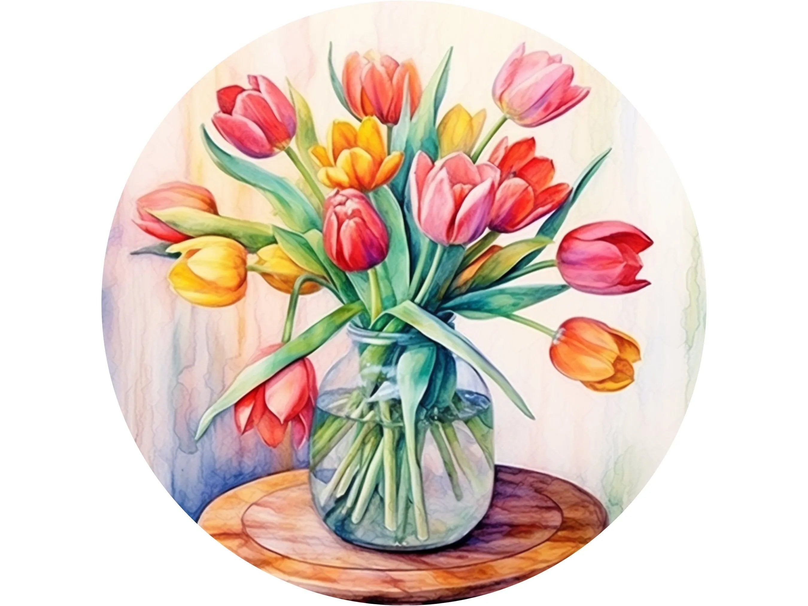 Letrero de corona con tulipanes rosas y amarillos de acuarela en frasco de vidrio, arte de pared con tulipanes de colores pastel, letrero para primavera, letrero para verano TULIP004