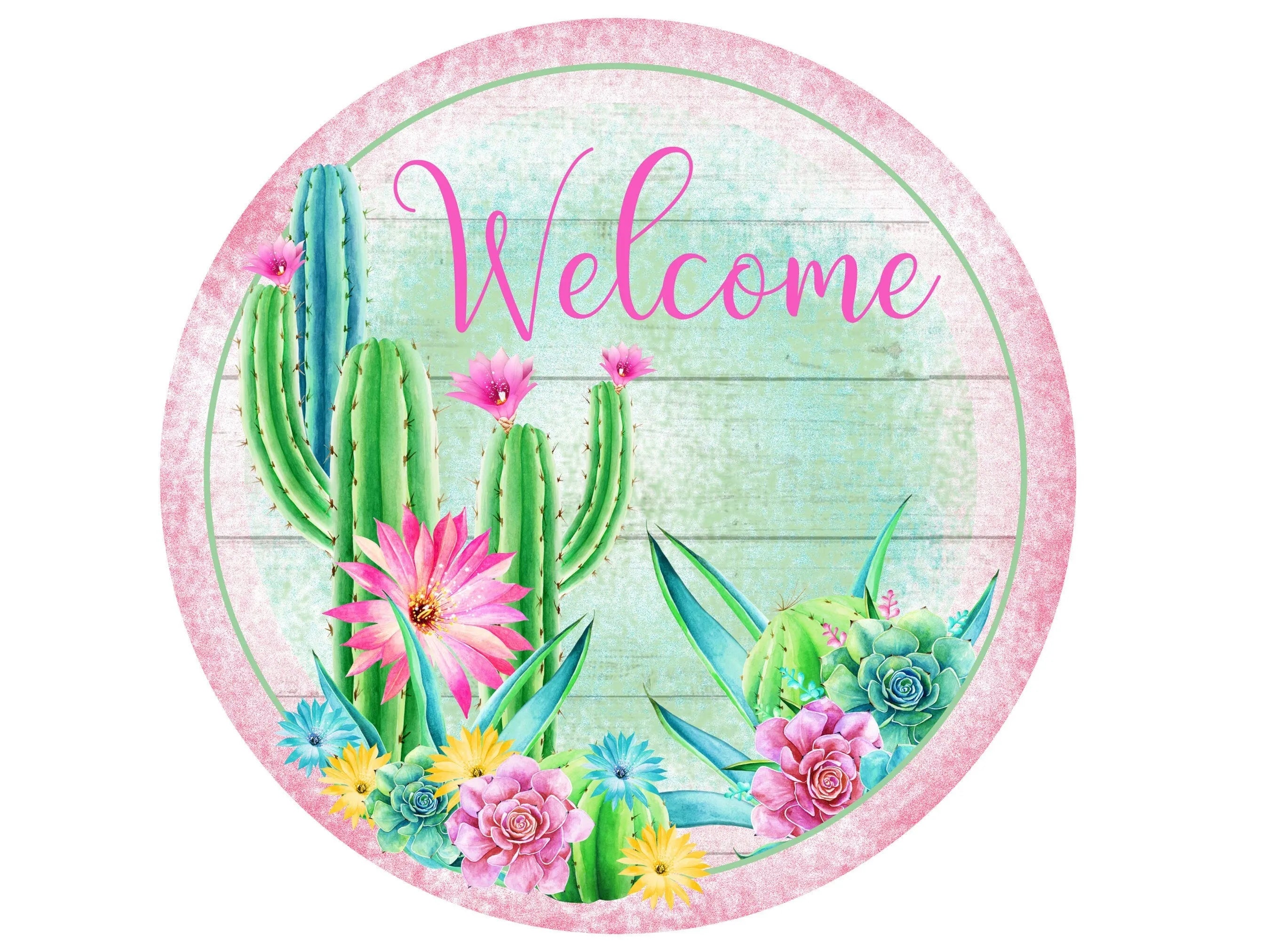watercolor summer farmhouse cactus wreath sign, welcome cactus desert wall art, sign for cactus collector