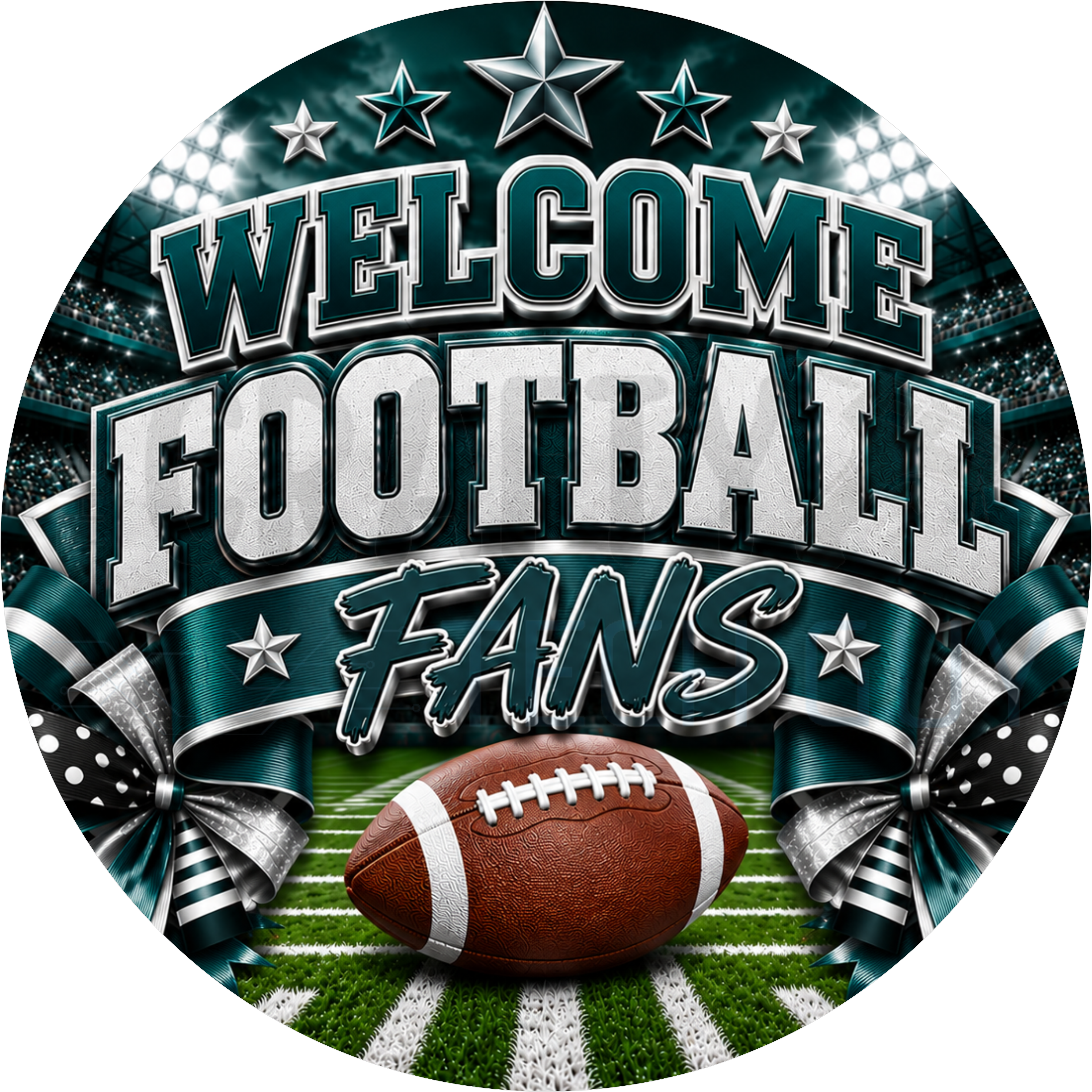 Welcome Football Fans round wreath sign in midnight green and silver coated aluminum, showing a stadium crowd, silver stars, a football and green and silver ribbon bows