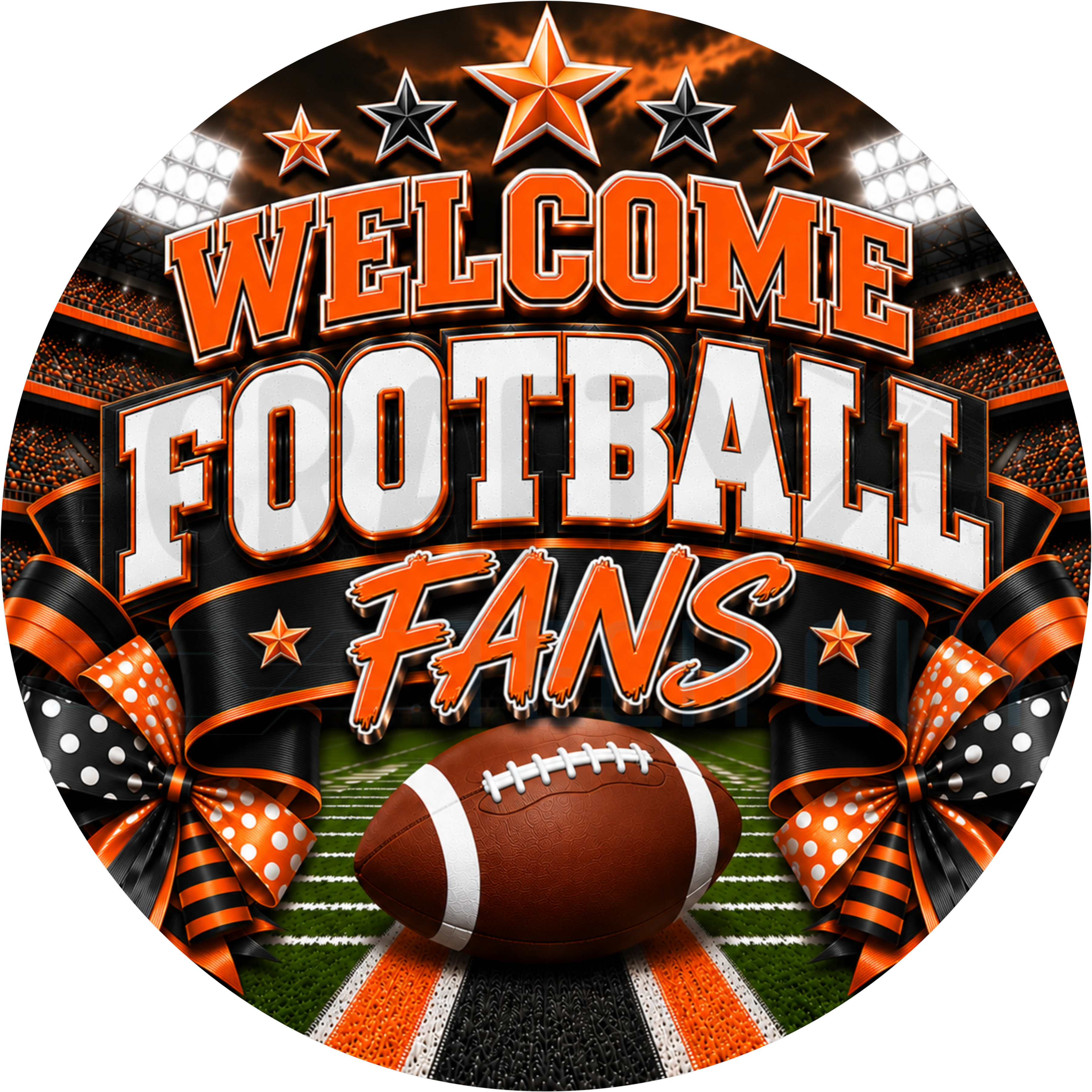 Welcome Football Fans round wreath sign in orange and black coated aluminum, showing a stadium under an orange sky, stars, a football and orange and black ribbon bows