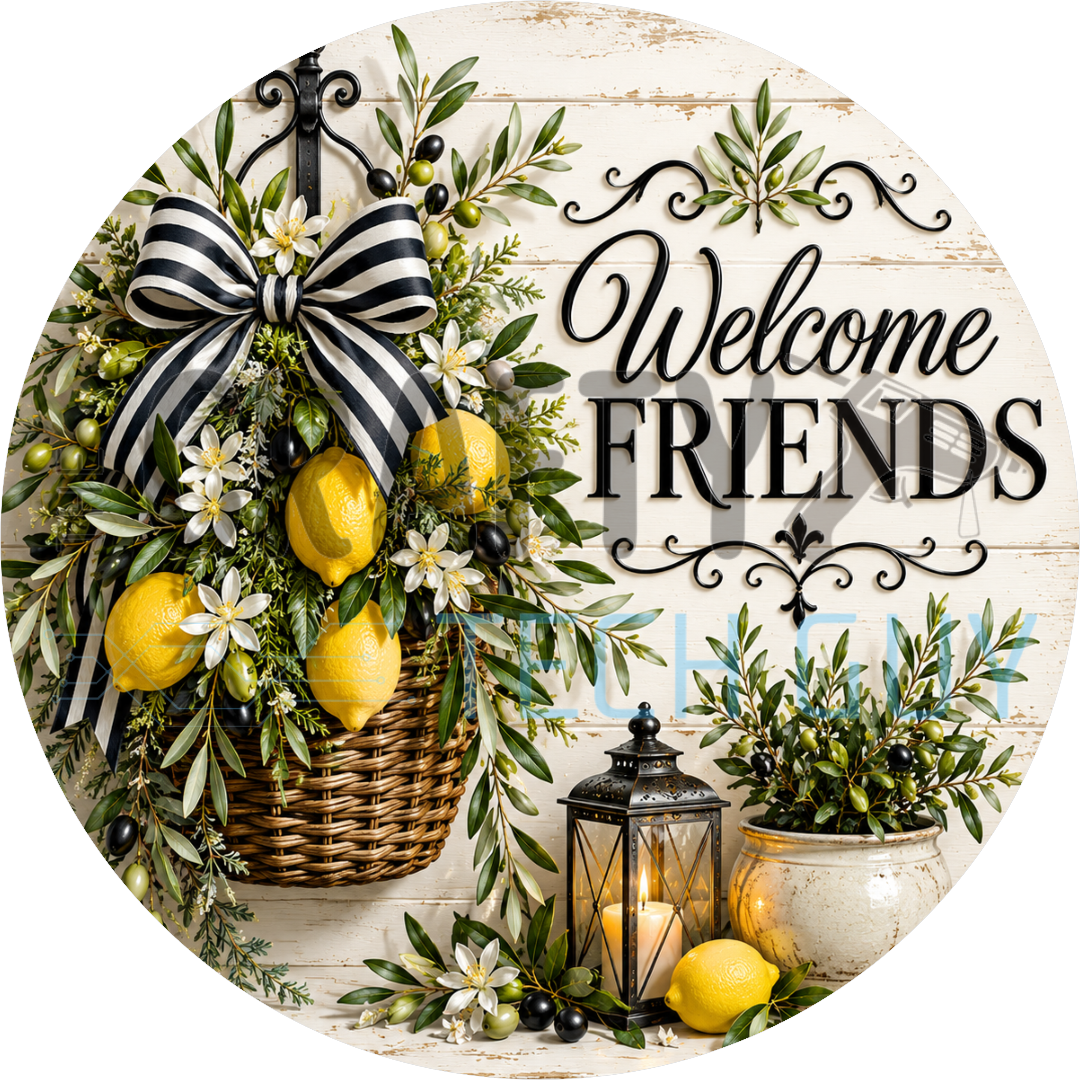 Welcome Friends round wreath sign in coated aluminum, showing a woven basket of lemons, blossoms and olive branches