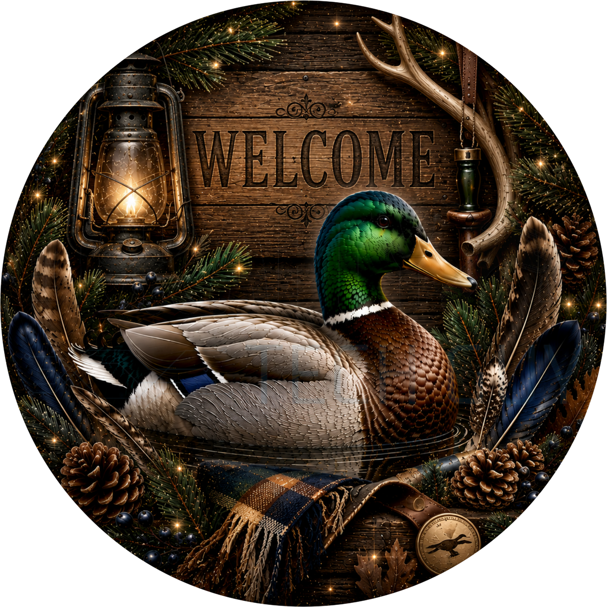 Welcome round wreath sign in red plaid and brown coated aluminum showing a mallard duck, lantern, antlers, plaid scarf and pinecones on weathered wood