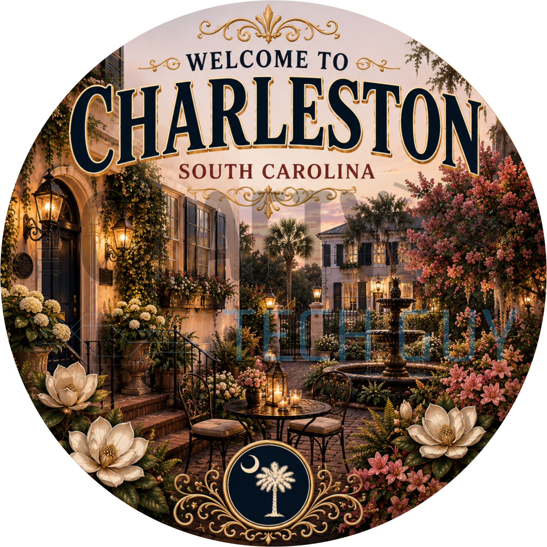 Welcome to Charleston South Carolina round wreath sign with a courtyard fountain, candlelit bistro table, gas lanterns and magnolia blooms
