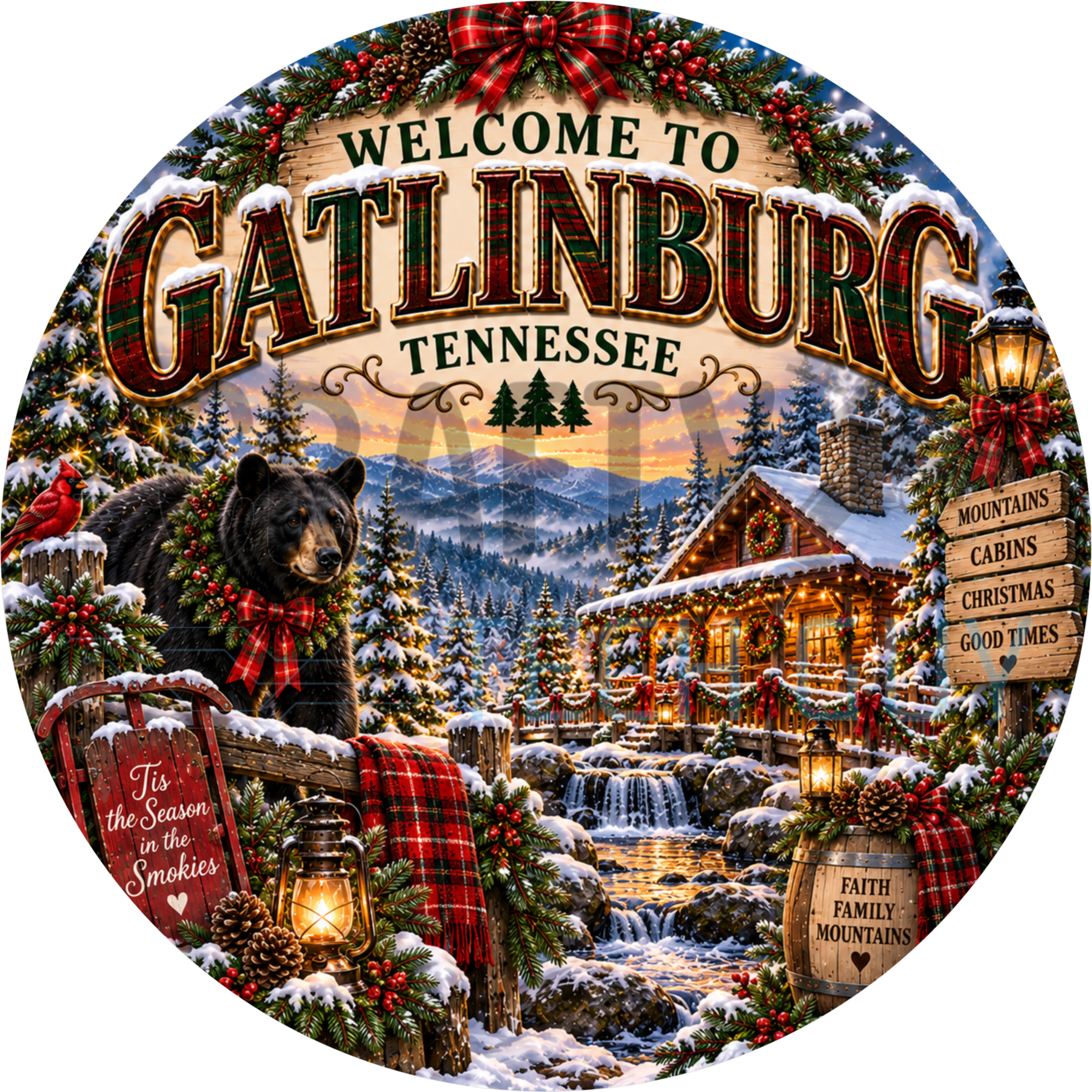 Welcome to Gatlinburg Tennessee Christmas round wreath sign with a black bear at a snowy fence, cardinal, lit log cabin, red sled and creek