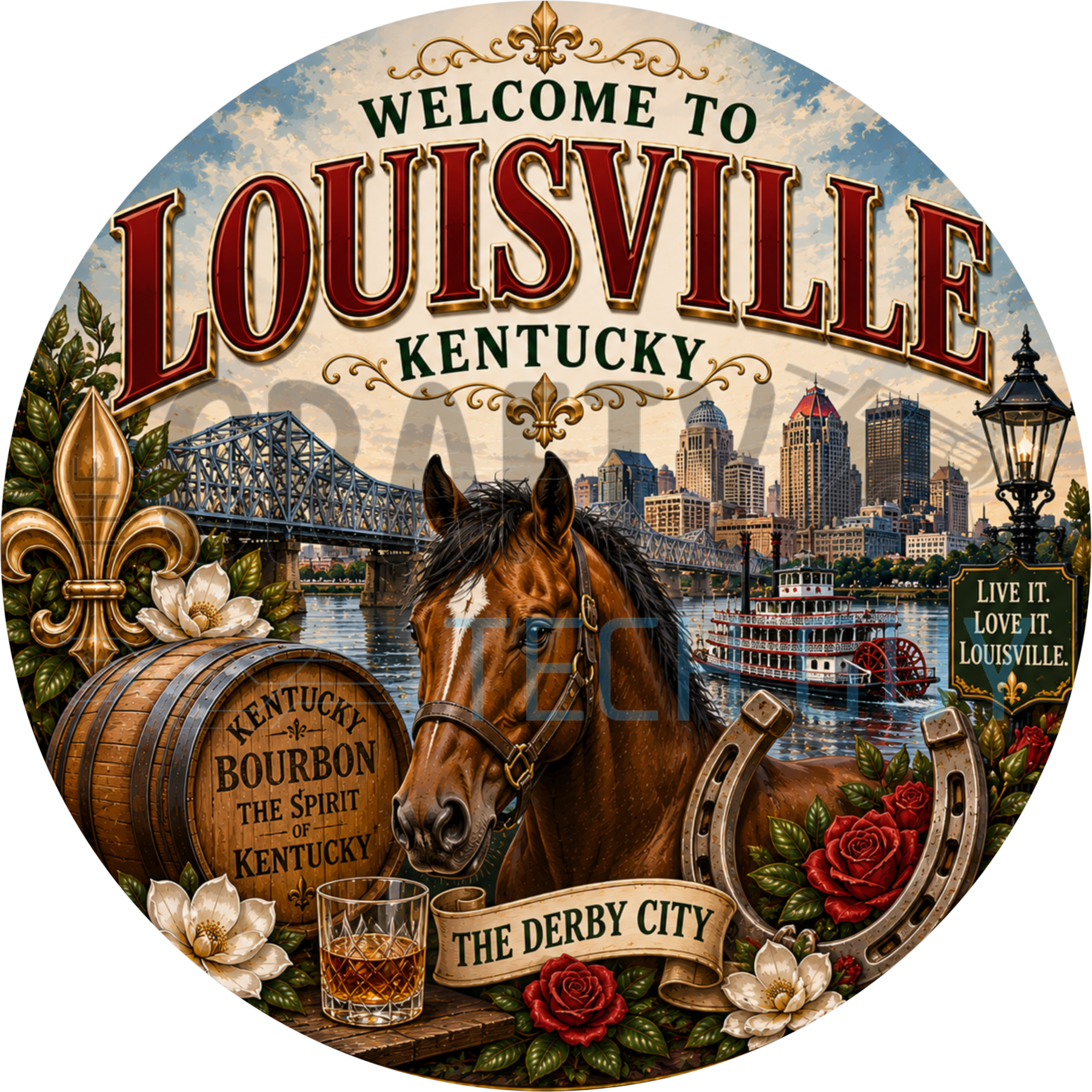 Welcome to Louisville Kentucky round wreath sign with a bay thoroughbred, bourbon barrel, skyline, steamboat and a rose-filled horseshoe
