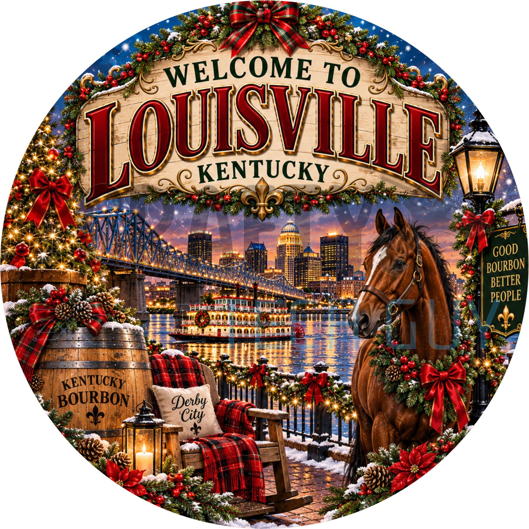Welcome to Louisville Kentucky Christmas round wreath sign with a garlanded thoroughbred, bourbon barrels, plaid blanket and lit skyline