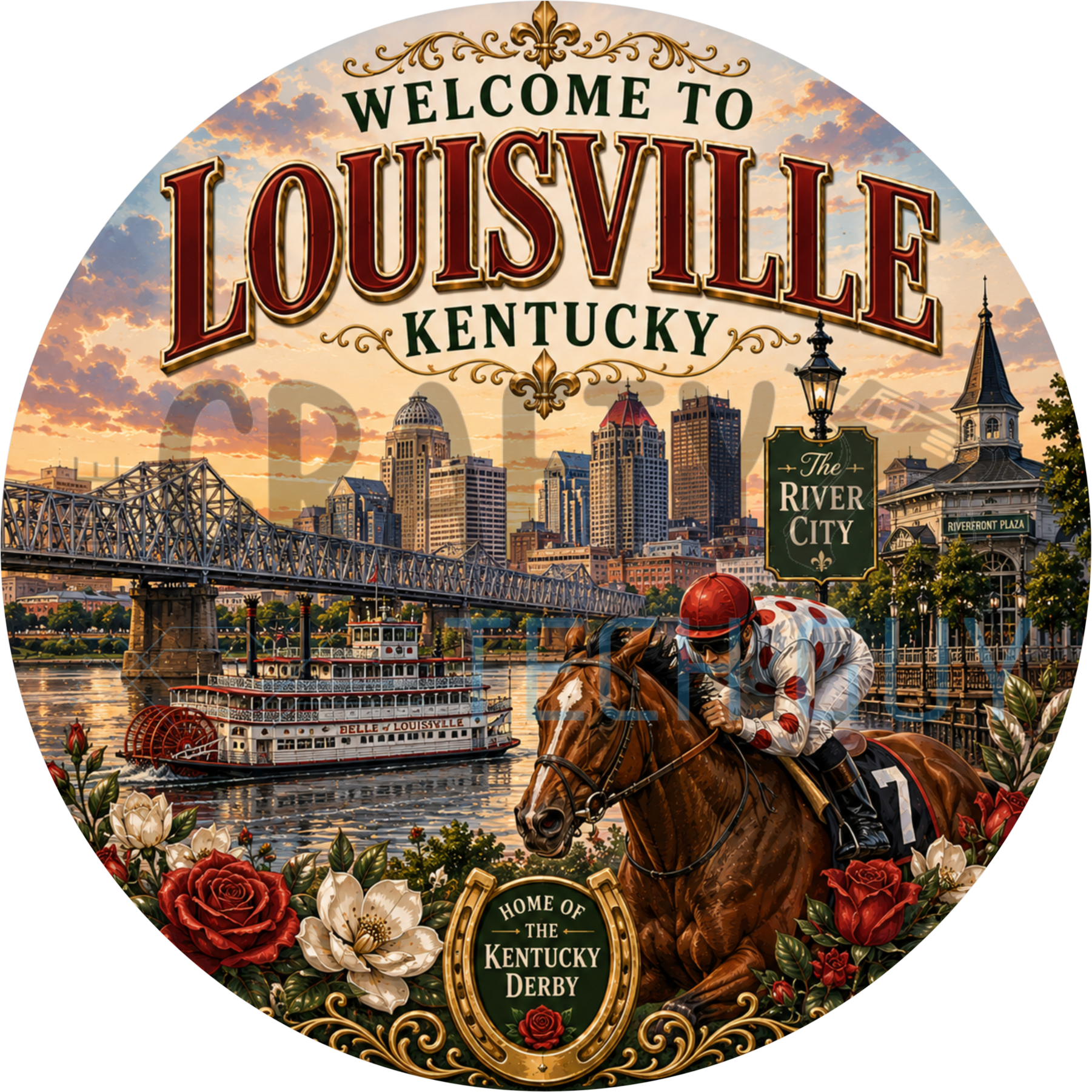 Welcome to Louisville Kentucky round wreath sign with a jockey on a galloping racehorse, the skyline, truss bridge and Belle of Louisville