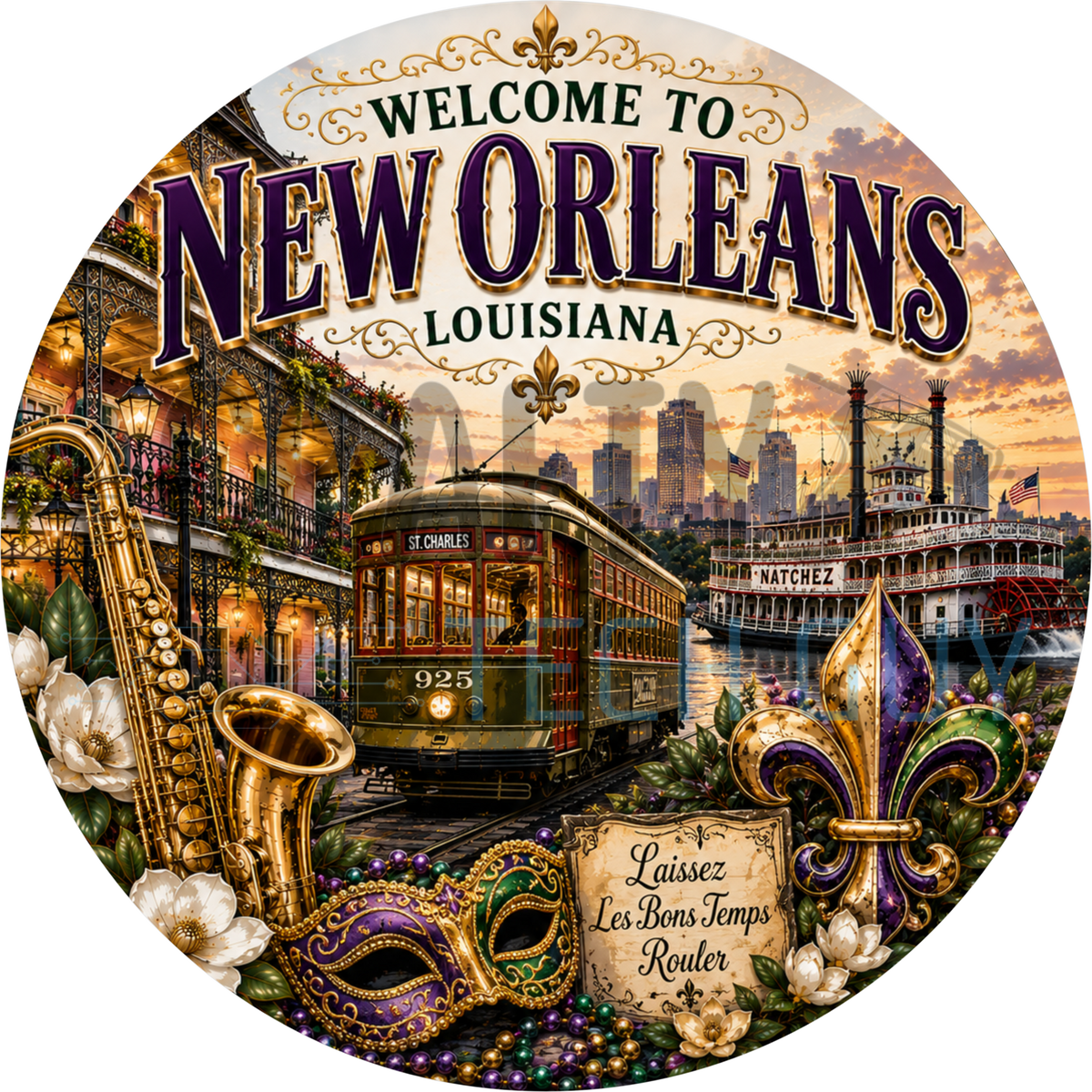 Welcome to New Orleans round wreath sign with a St. Charles streetcar, gold saxophone, Mardi Gras mask, beads and the steamboat Natchez