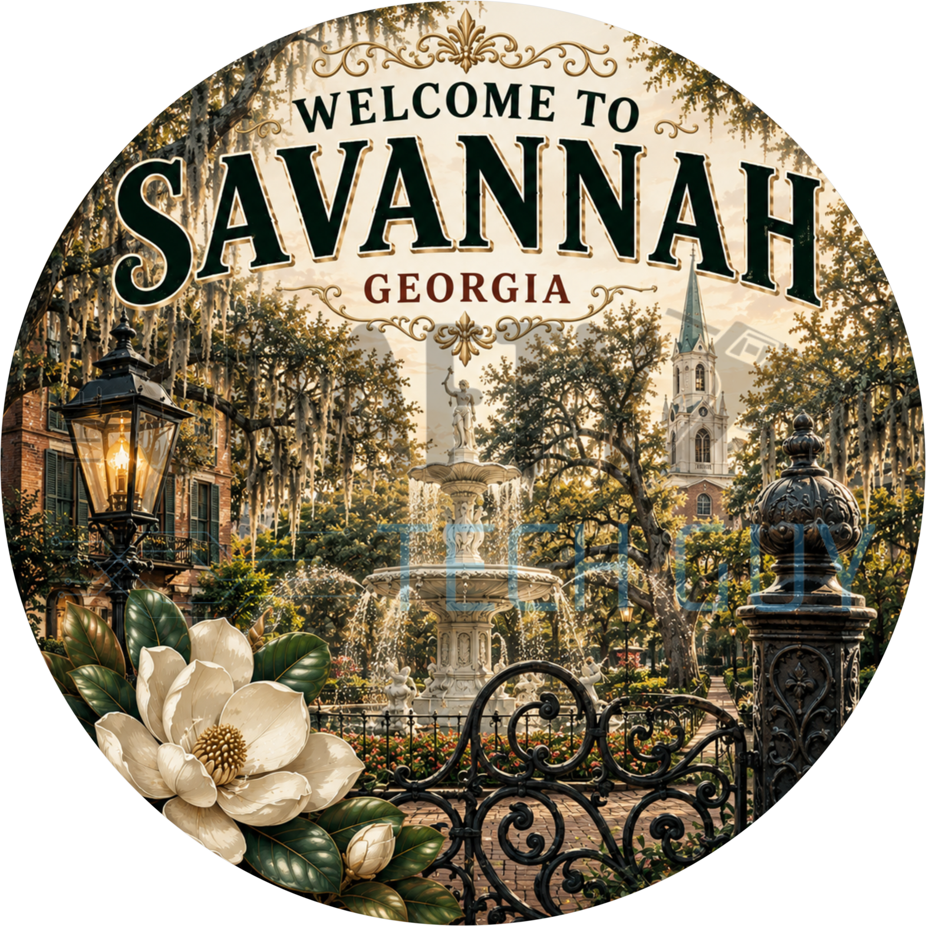 Welcome to Savannah Georgia round wreath sign with the Forsyth Park fountain, live oaks in Spanish moss, iron fence and a magnolia