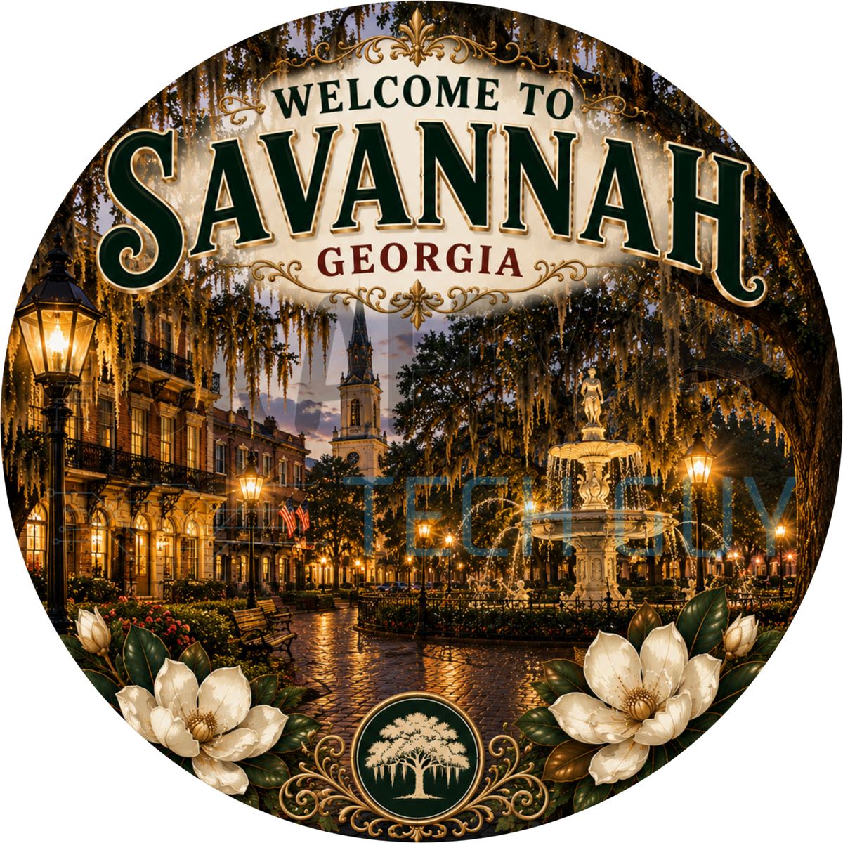Welcome to Savannah Georgia round wreath sign with a lamplit historic square, stone fountain, Spanish moss and cream magnolias