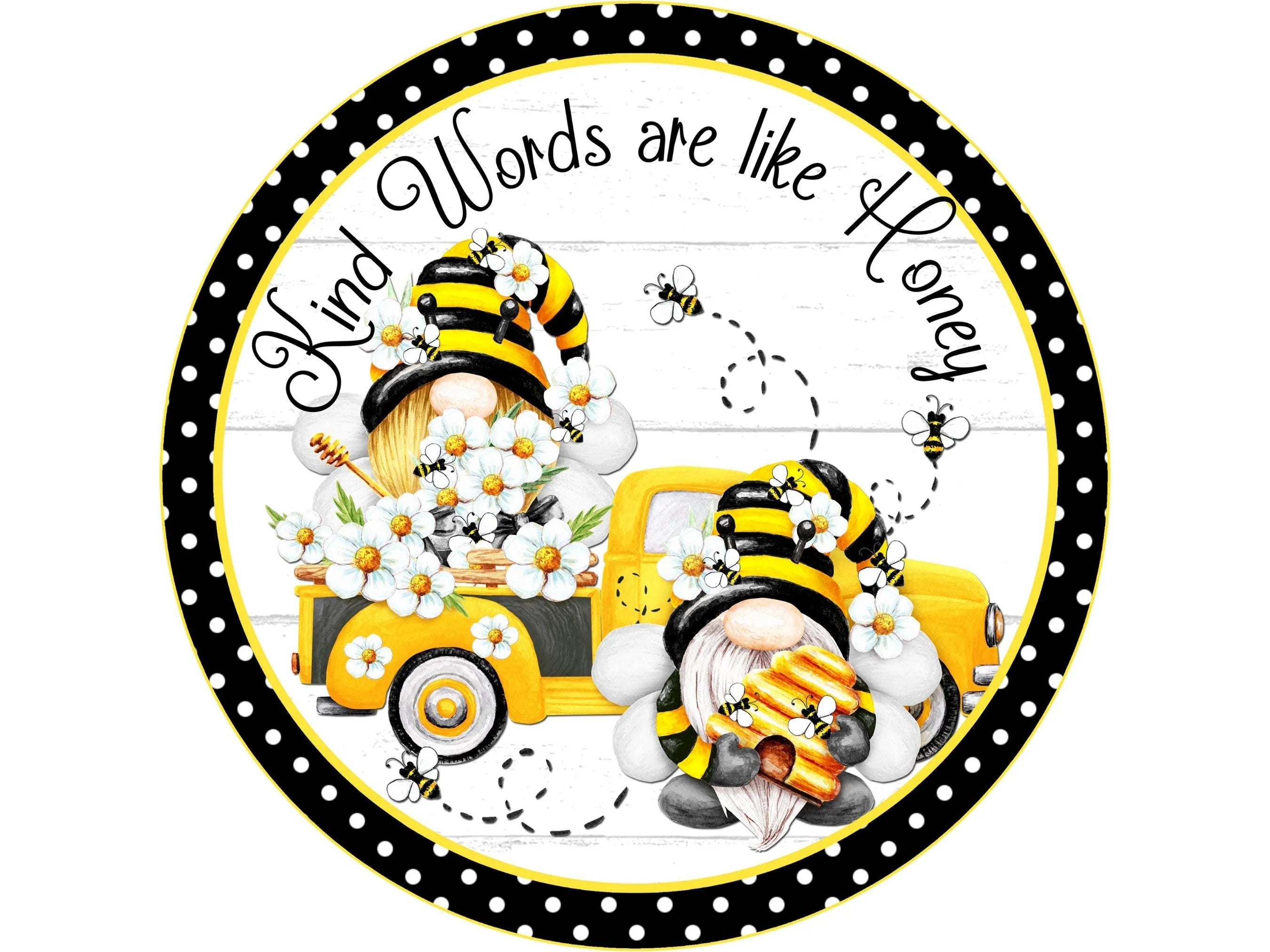 Letrero de corona de abeja y camión antiguo con diseño de gnomo de bienvenida, margarita, decoración de camión vintage, letrero de corona de gnomo de granja