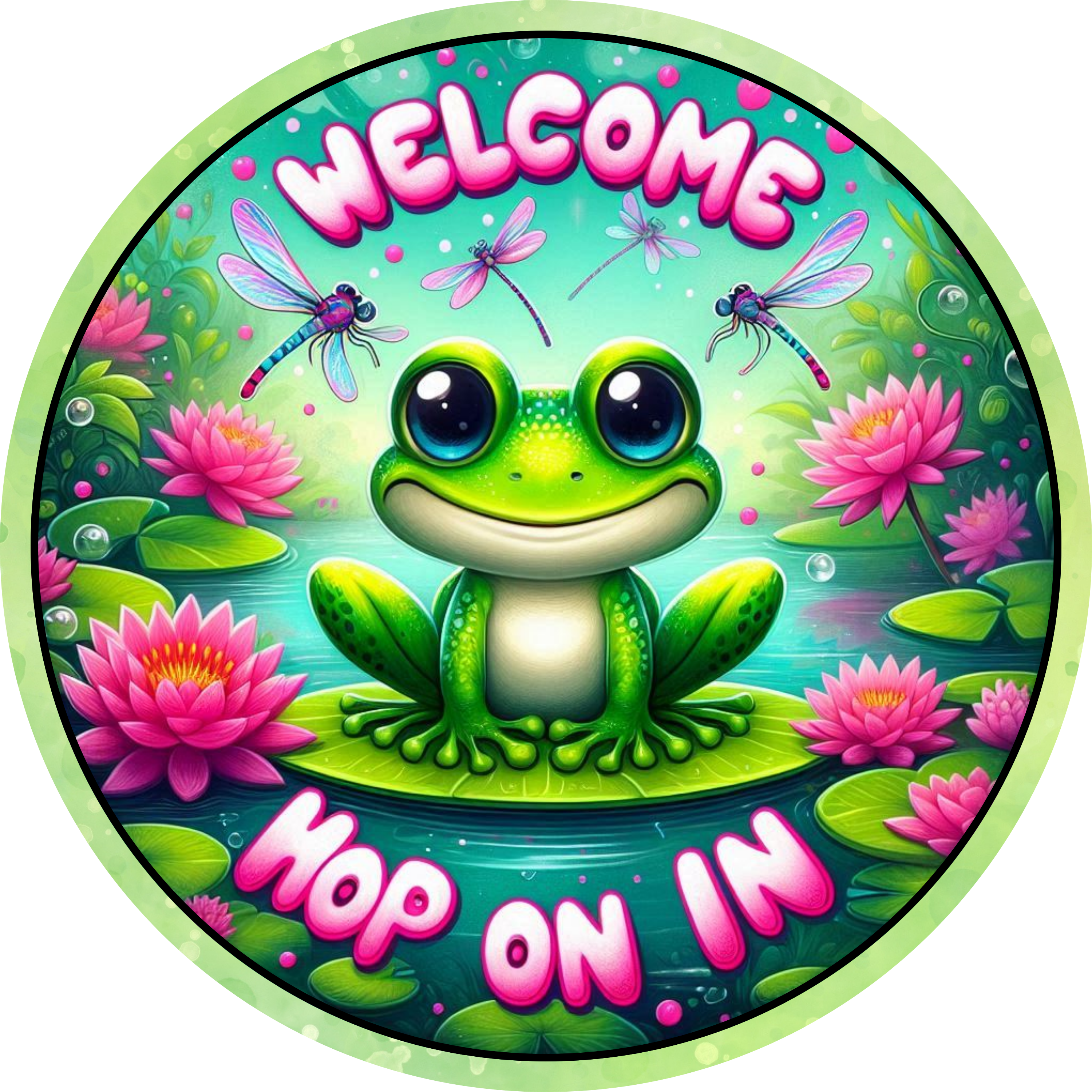 Welcome Hop On In Frog Sign – Round Sublimated Metal Decor with Cute Frog, Lilies & Dragonflies, Whimsical Wreath Attachment or Porch Sign