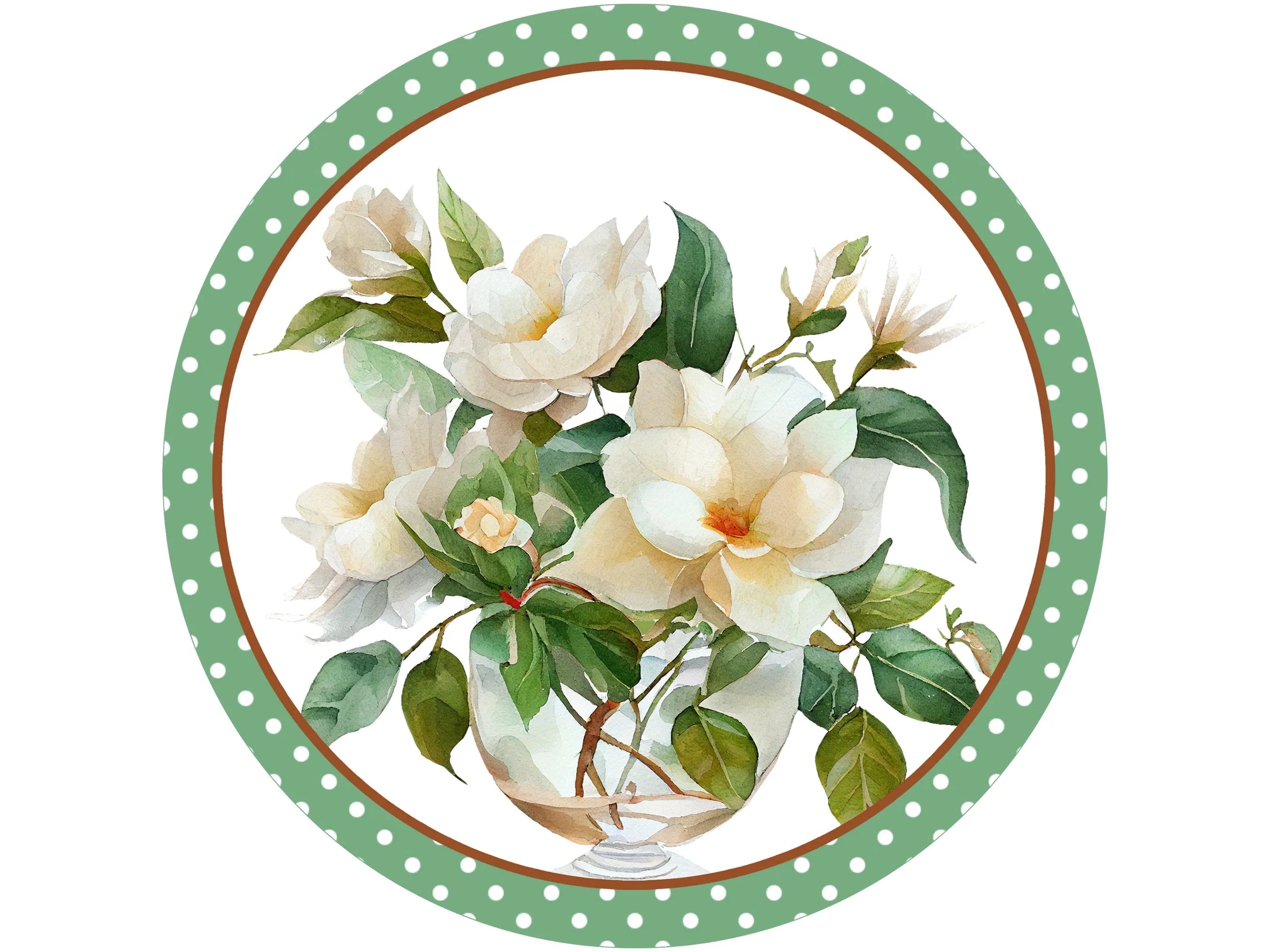 Letrero de corona de metal con diseño de magnolia de bienvenida en jarrón de vidrio, accesorio de corona de magnolia con lunares, regalo para nuevo propietario de vivienda, regalo de magnolia realista