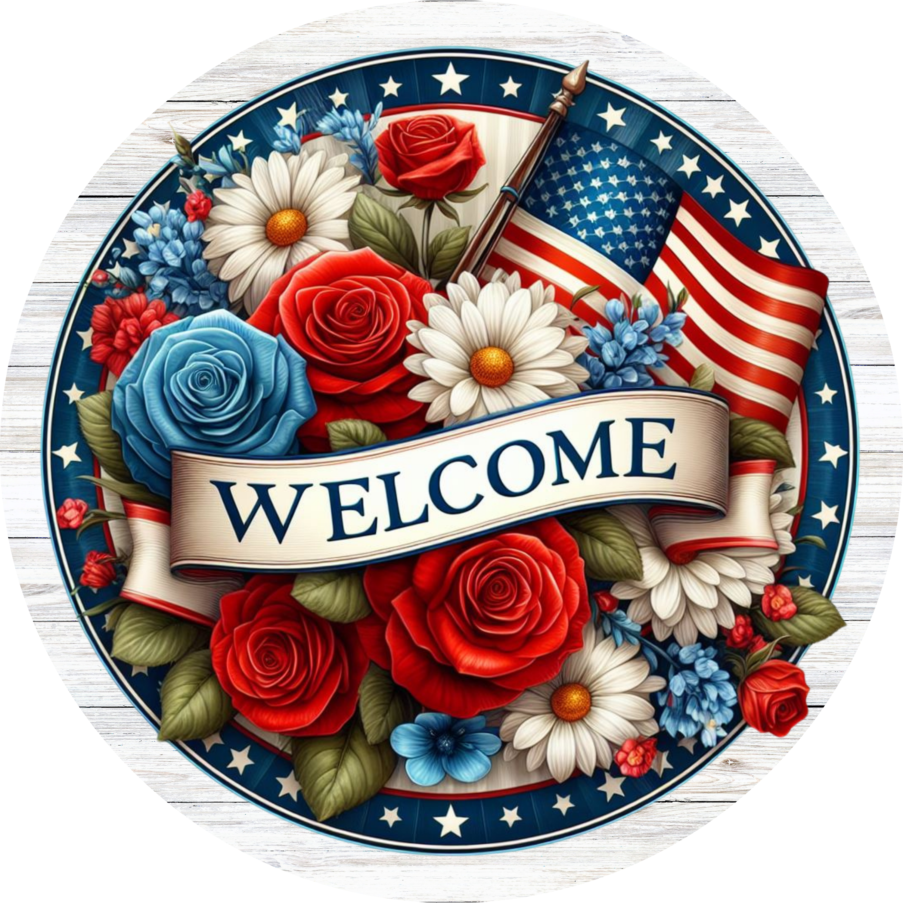 Welcome Patriotic Flowers Metal Sign, Red White Blue Wreath Sign, Fourth of July Floral Door Hanger for Wreath Makers